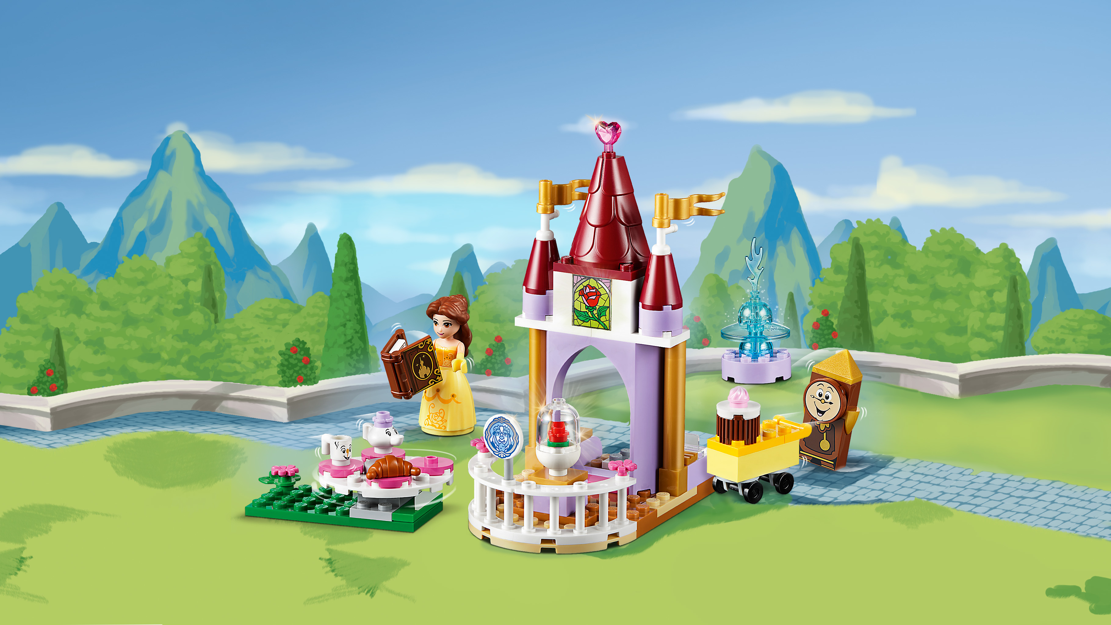 Set LEGO Disney La Bella e la Bestia con castello, personaggio di Belle, tavolo con set da tè e fontana.