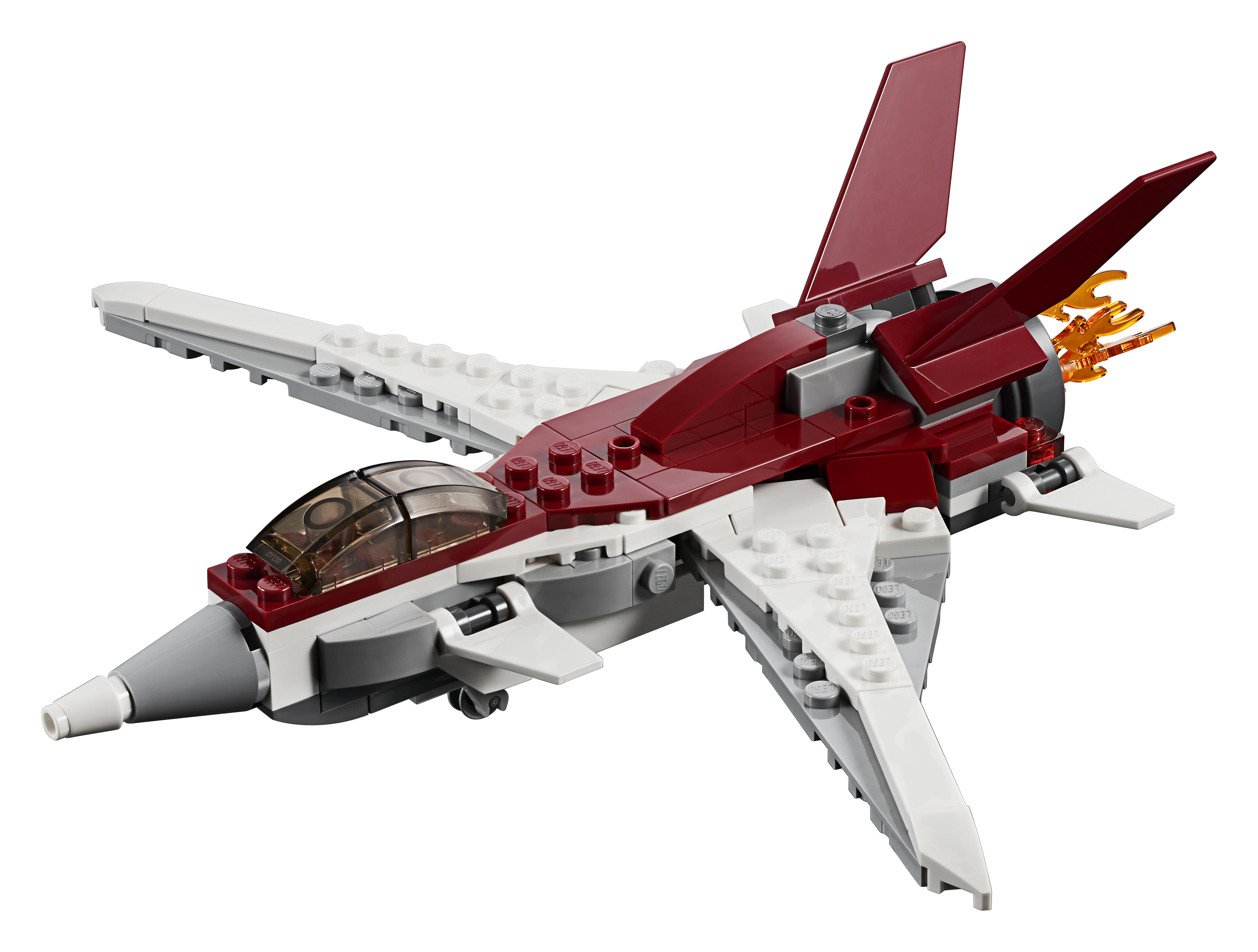 Caccia Lego Star Wars, principalmente rosso e bianco, con cabina di pilotaggio trasparente.