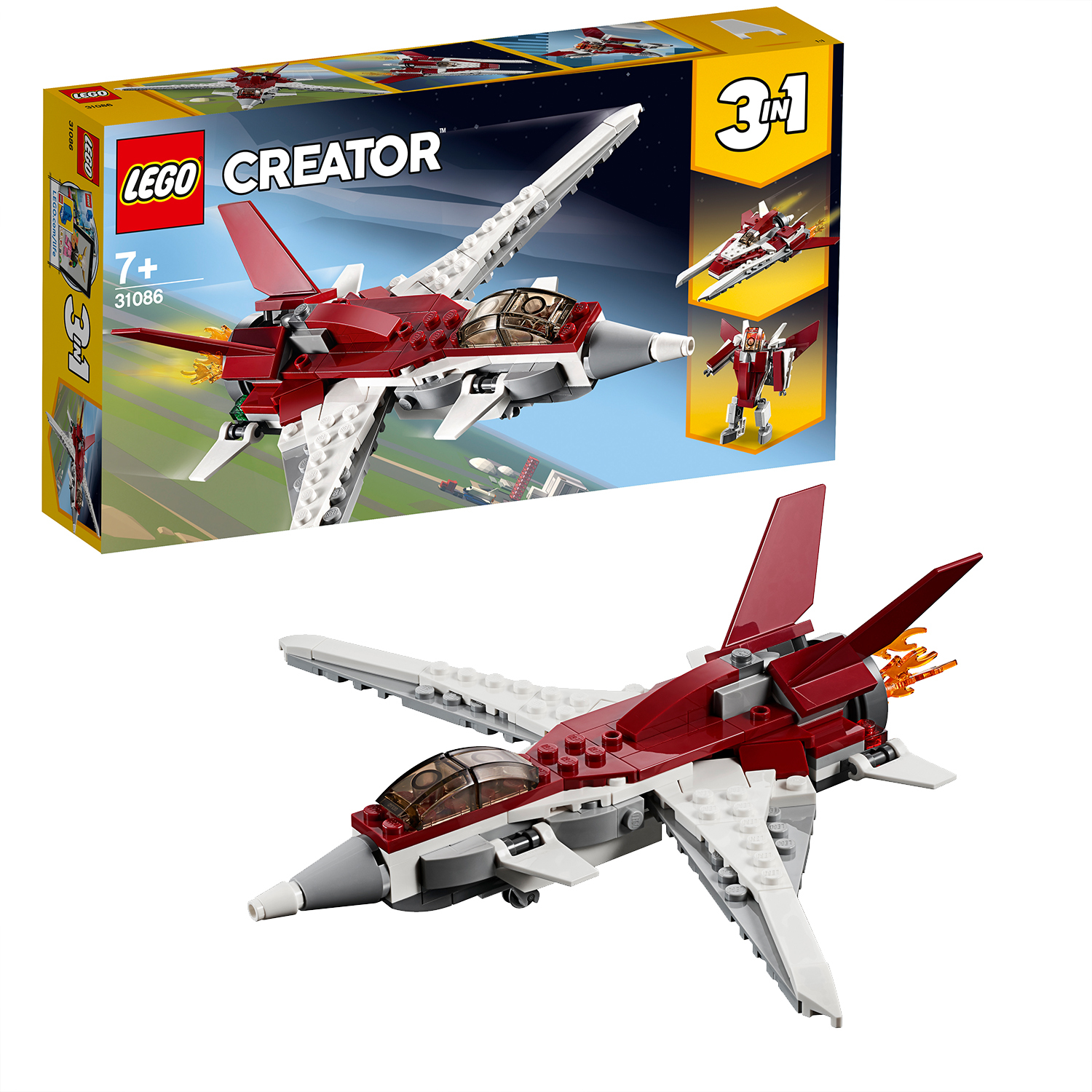 Lego Creator jet. Un jet rosso e bianco con ali, in una scatola. Mostra un jet, un robot e un altro jet.