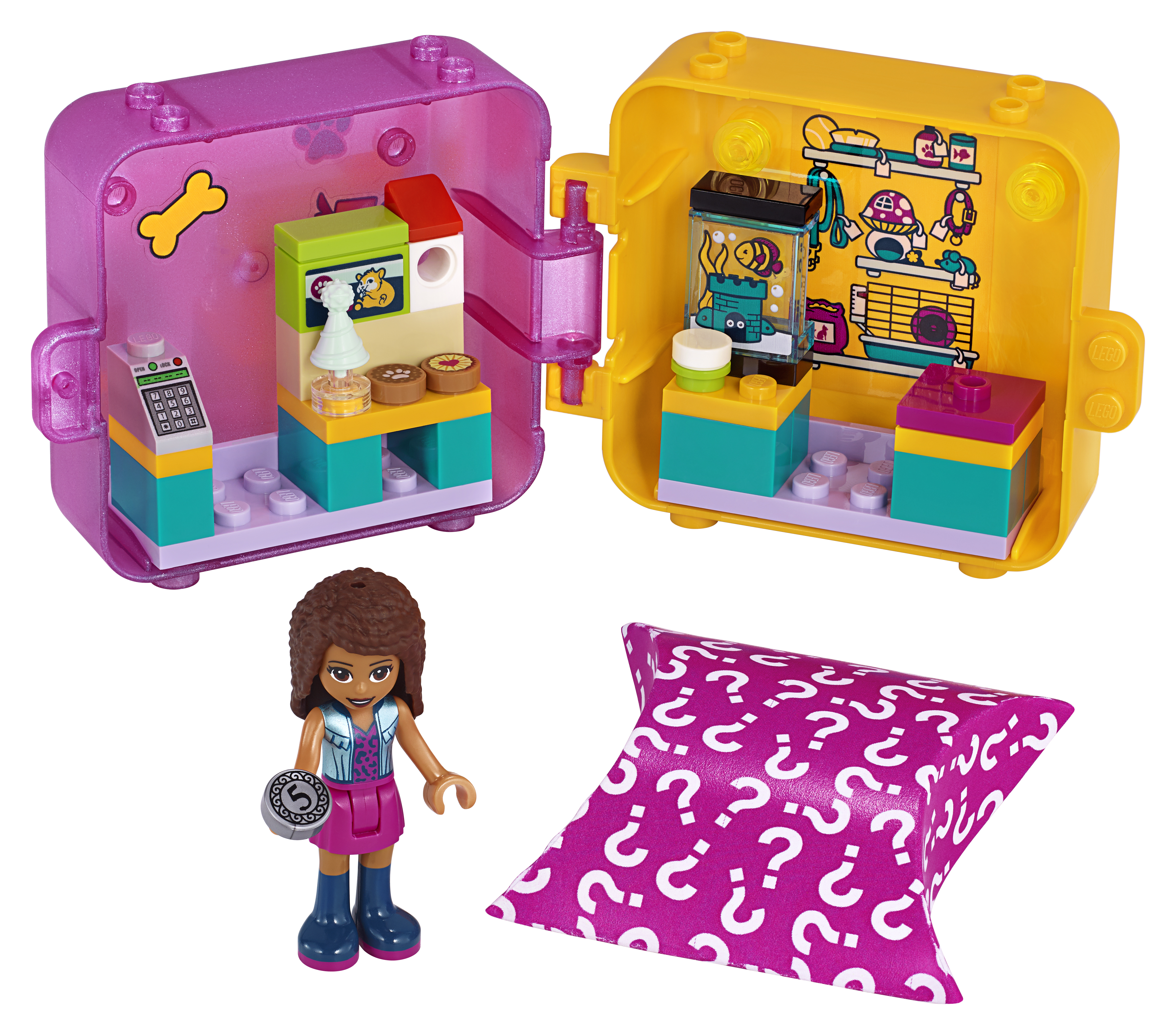 Set Lego con una ragazza, un negozio di animali, una scatola e accessori su sfondo bianco.