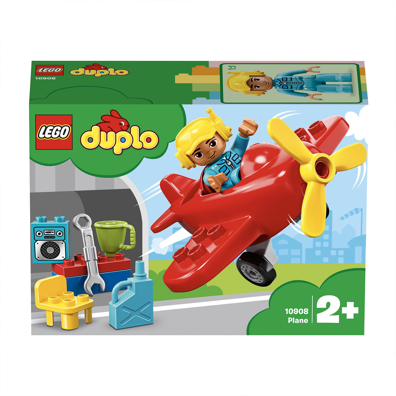 Set Lego Duplo aereo. Aereo rosso con pilota, attrezzi e sedia gialla, in una scatola.