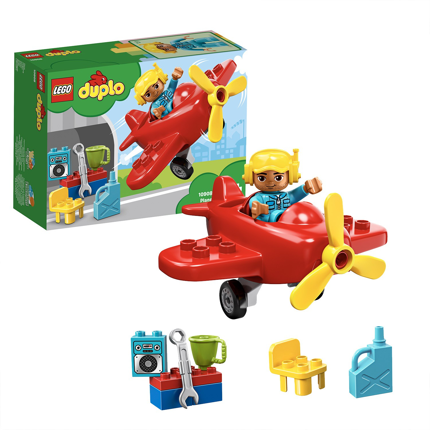 Set LEGO Duplo con un aereo rosso, un pilota e componenti di costruzione. Scatola sullo sfondo.