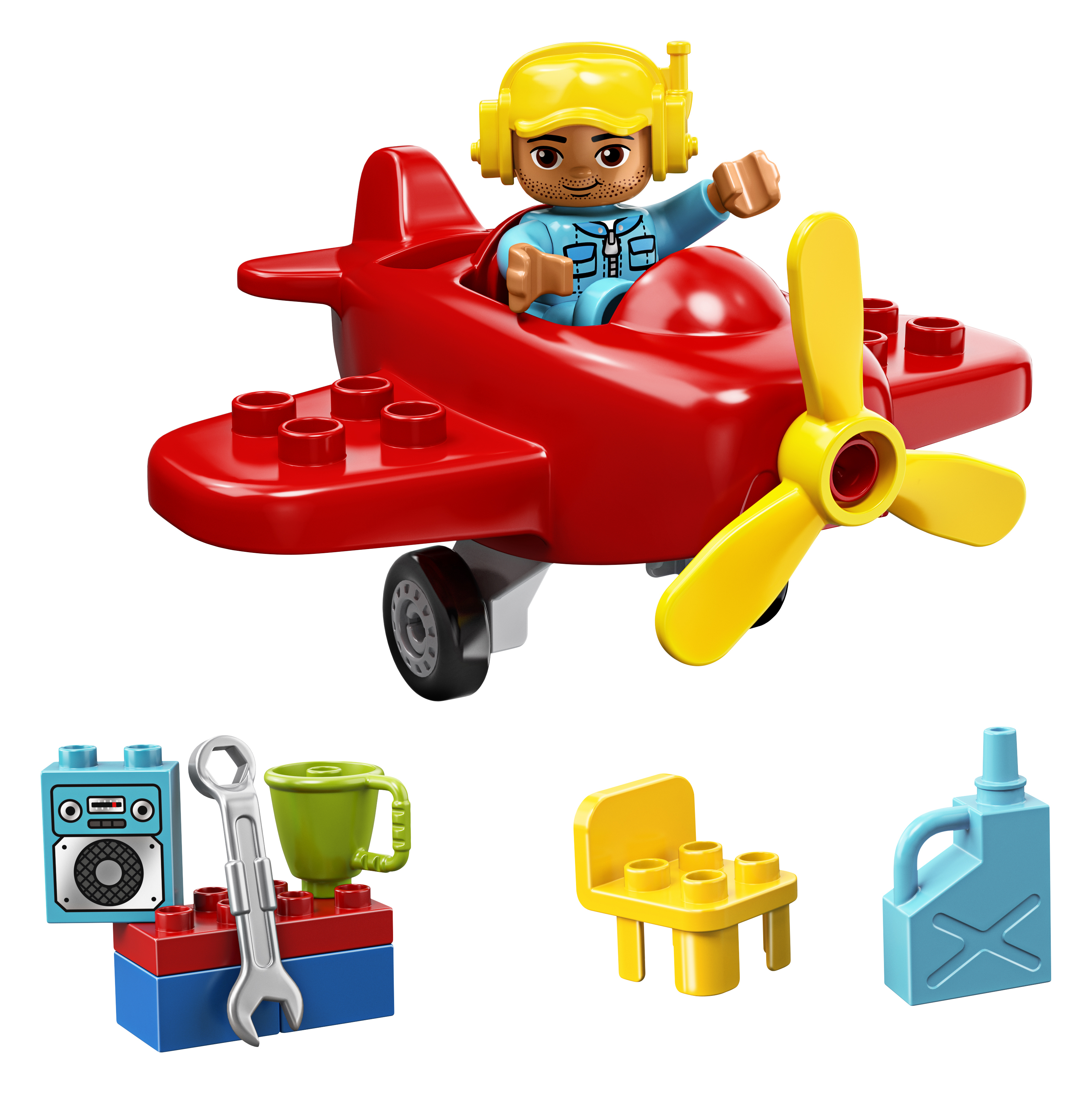 Un aereo LEGO rosso con un personaggio pilota e vari accessori LEGO su sfondo bianco.