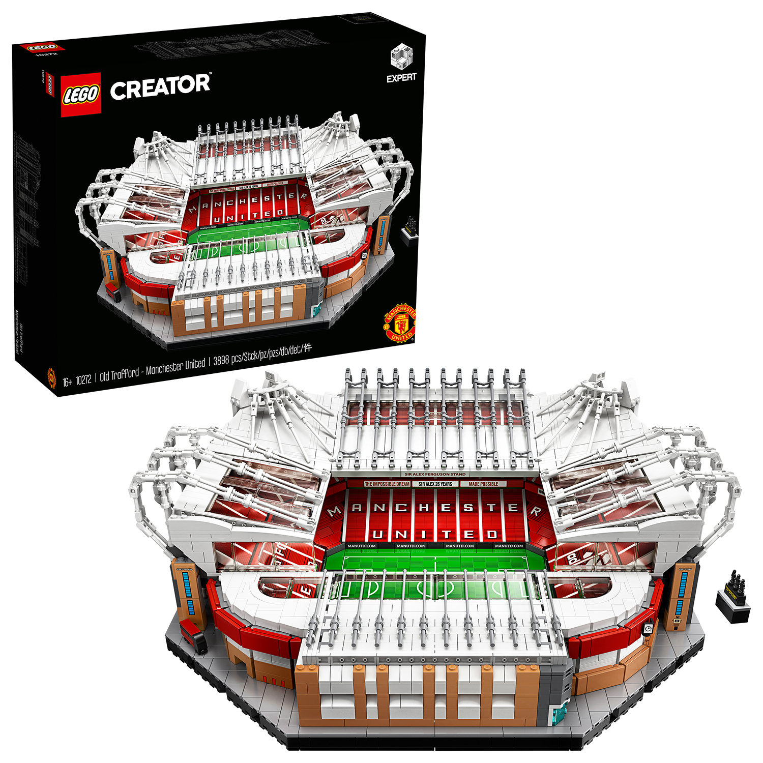 LEGO Old Trafford seti, kutu ve monte edilmiş stadyum.
