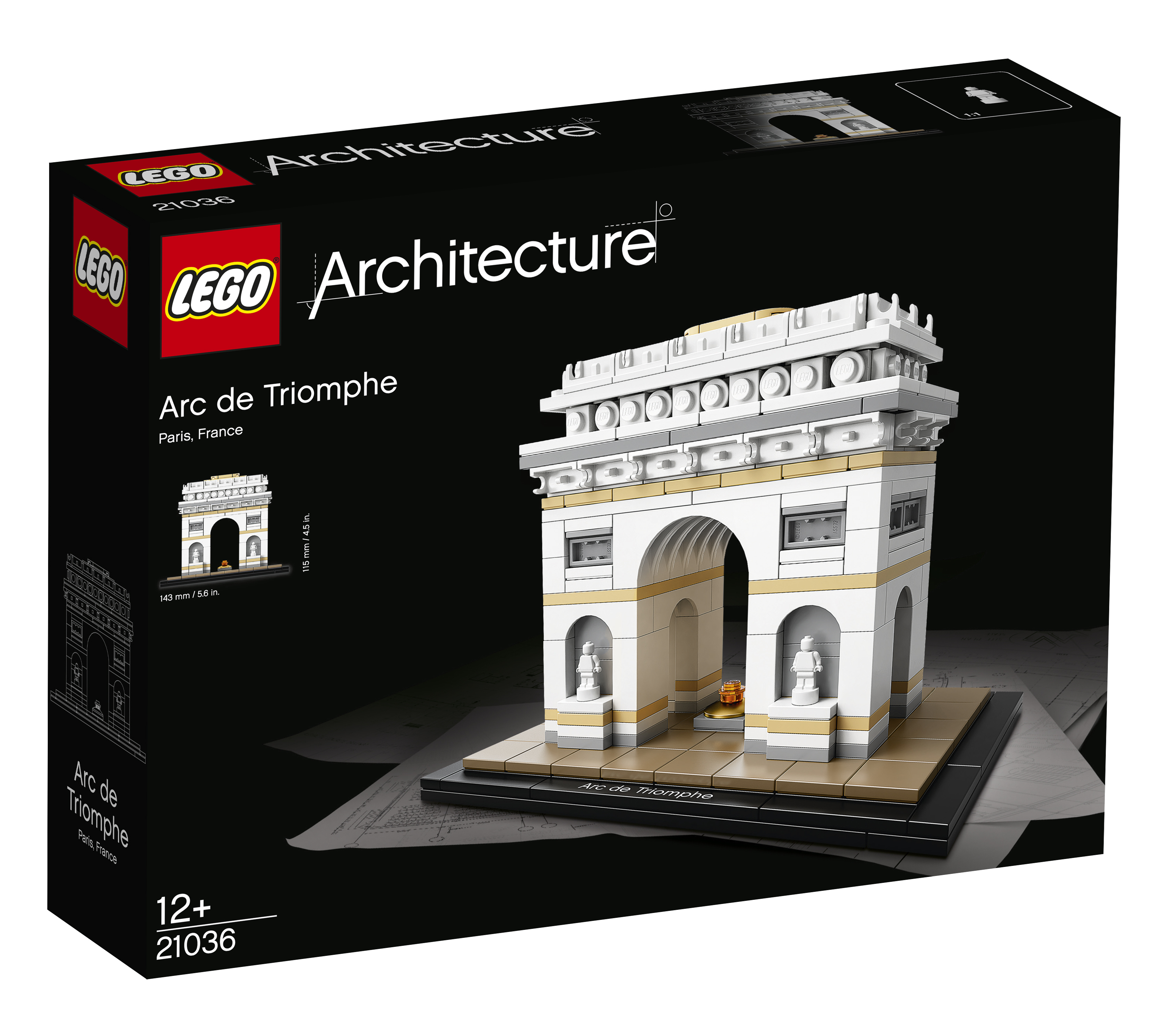 Pudełko zestawu LEGO Architecture Arc de Triomphe. Przedstawia pomnik. Pudełko jest czarno-białe z logo Lego.