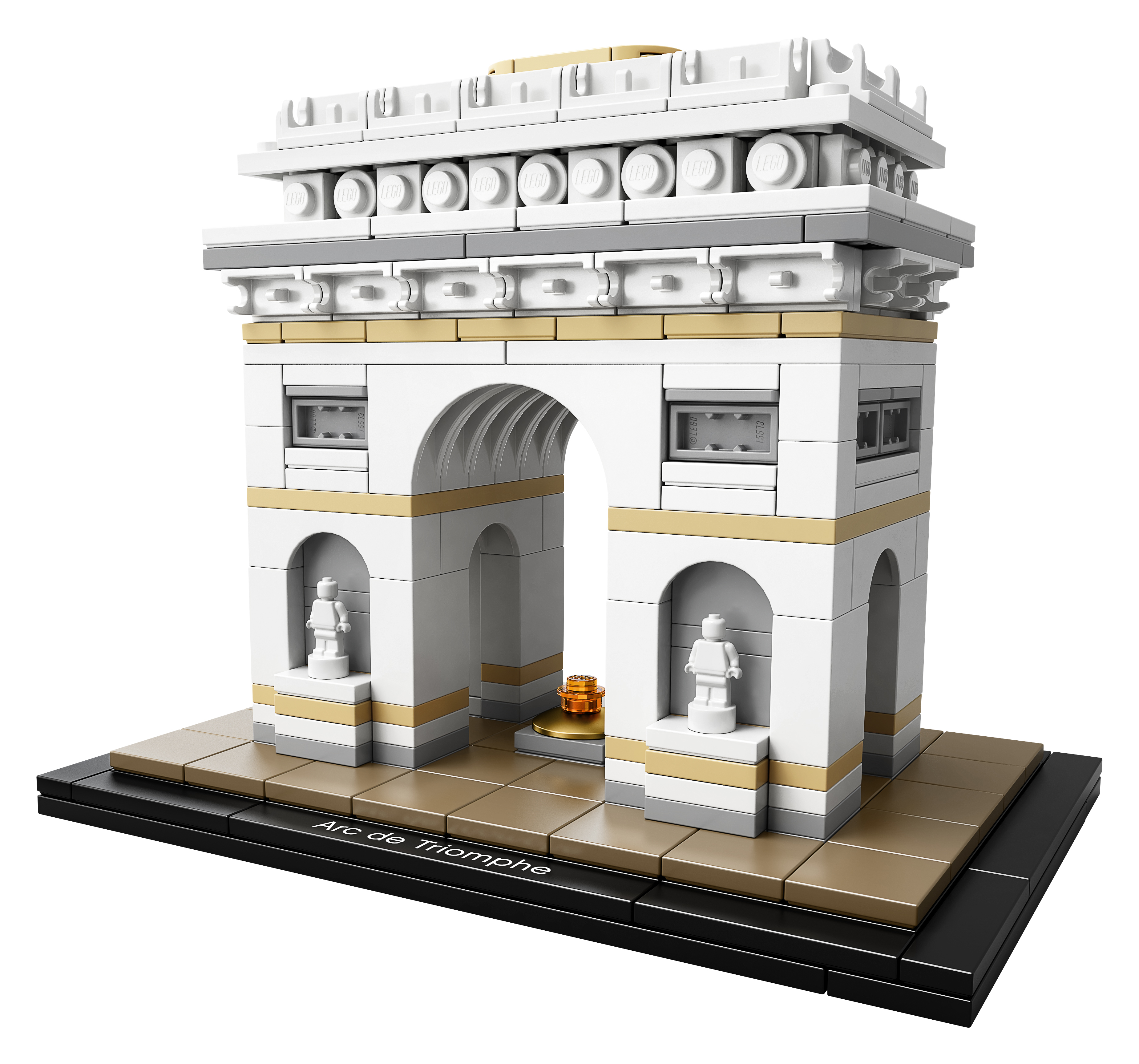 Model Lego Łuku Triumfalnego, biały ze złotymi akcentami, na czarnej podstawie.