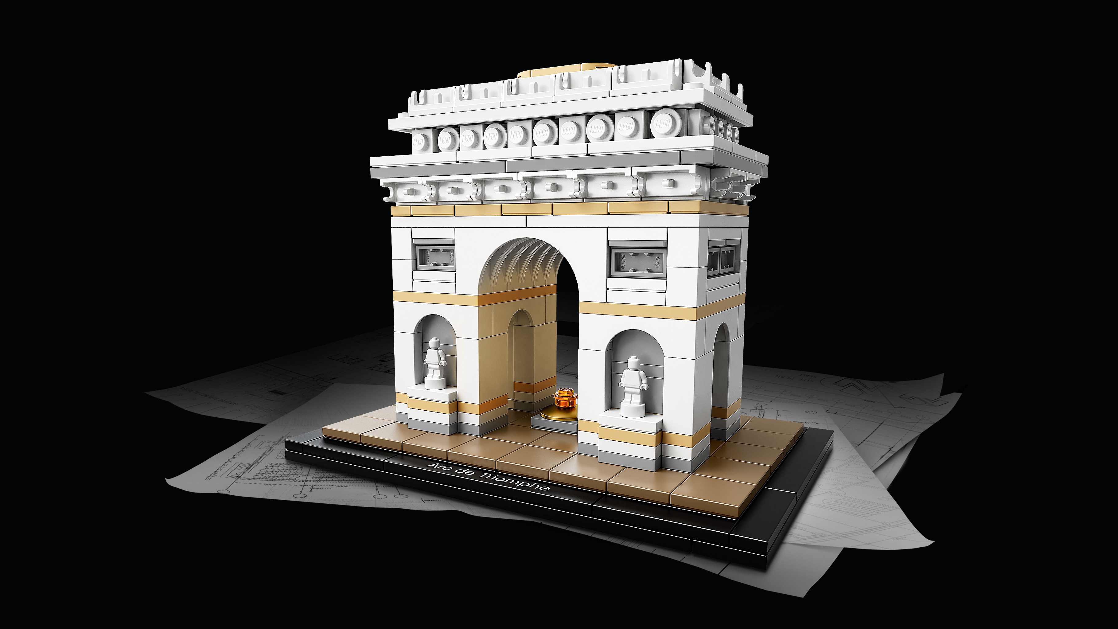 Model Lego Architecture Łuk Triumfalny na czarnej podstawie i planach.