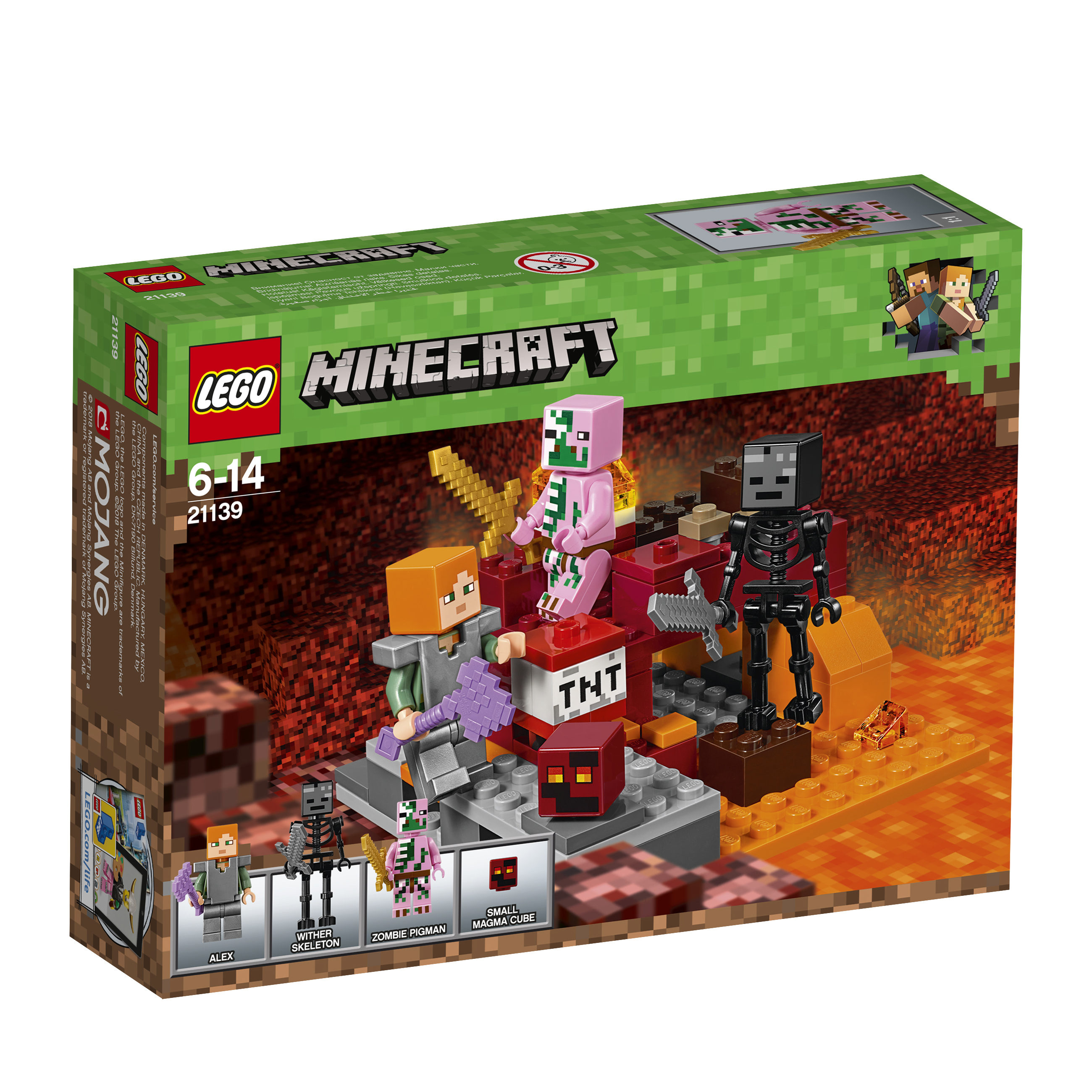 Set Lego Minecraft con Alex, Zombie Pigman, scheletro, cubo di magma che combattono su un campo di lava.