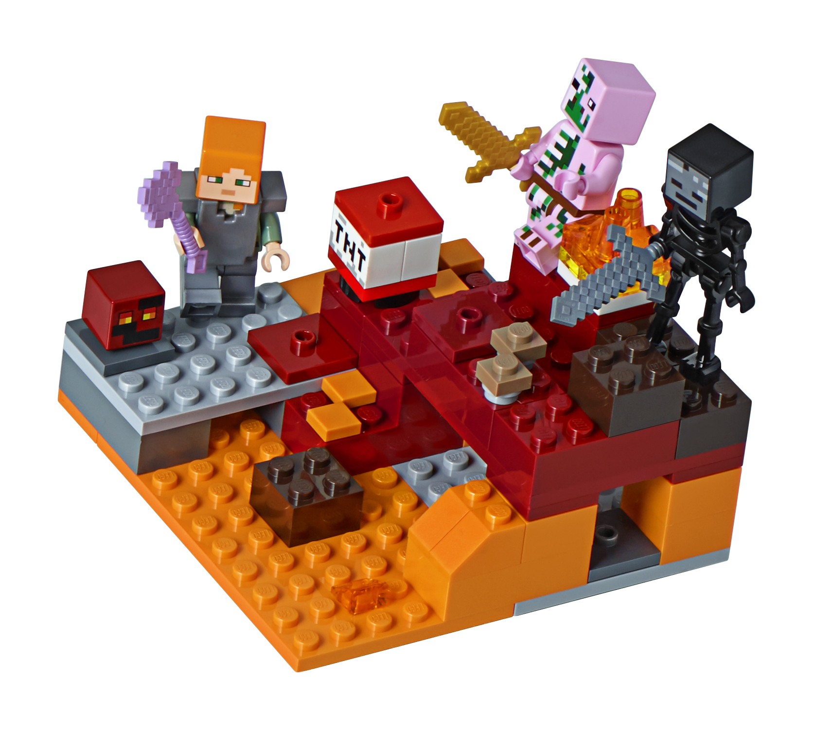 Un set Lego Minecraft. Mostra personaggi, un blocco TNT e un paesaggio lavico.