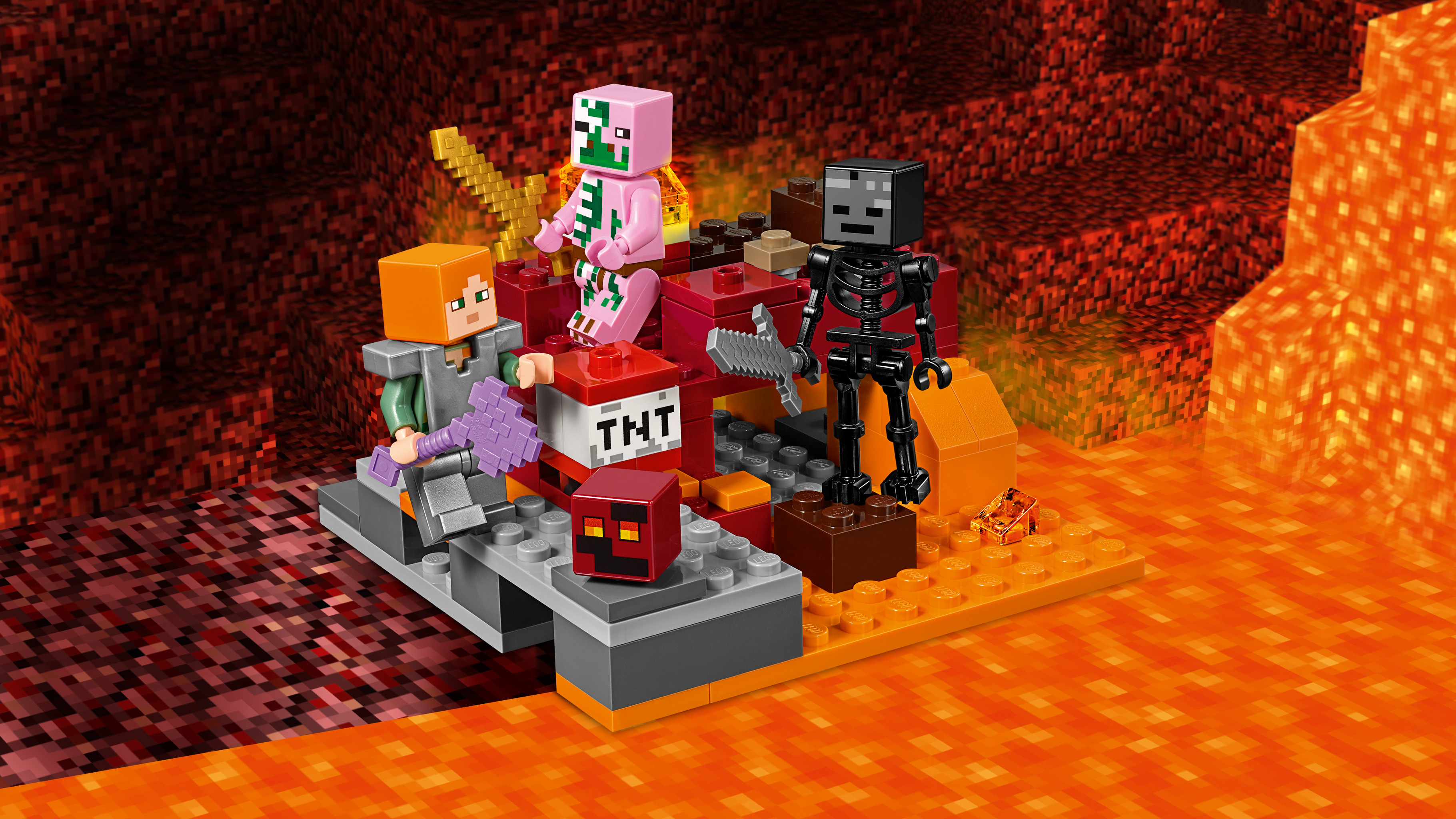 Set Lego Minecraft con personaggi sulla lava, con TNT e un ghast. Colori rossi e arancioni.