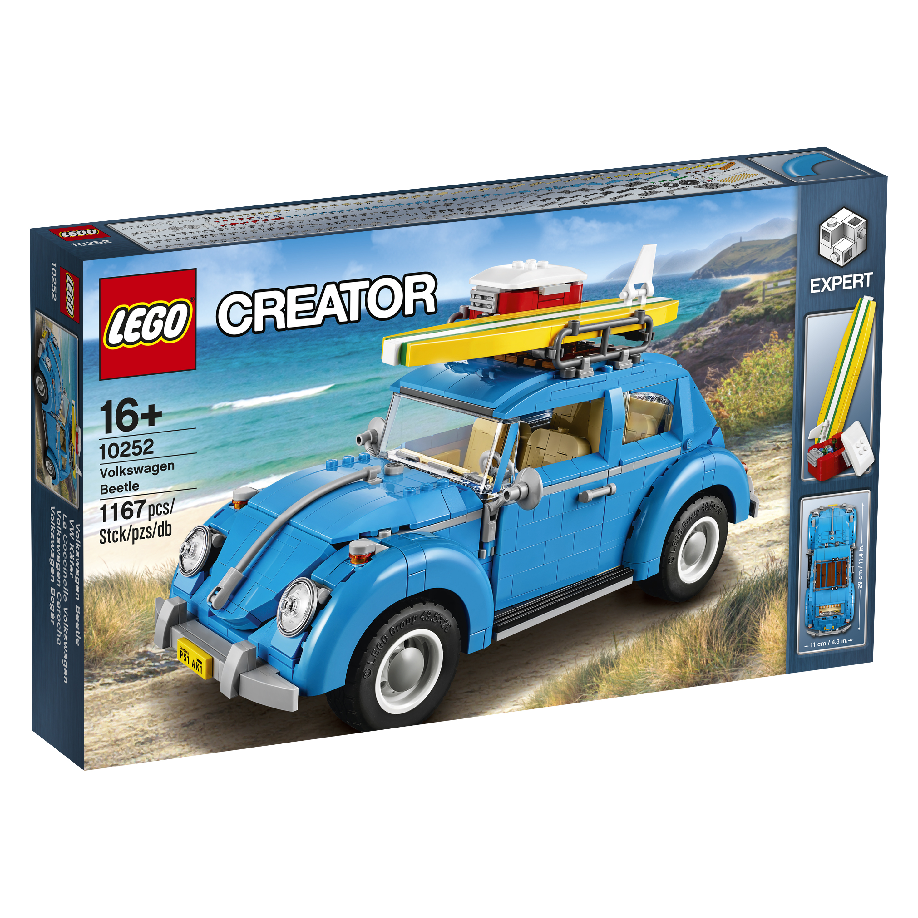 Model Lego Creator Volkswagen Beetle w kolorze niebieskim z deską surfingową na górze. Grafika na pudełku.