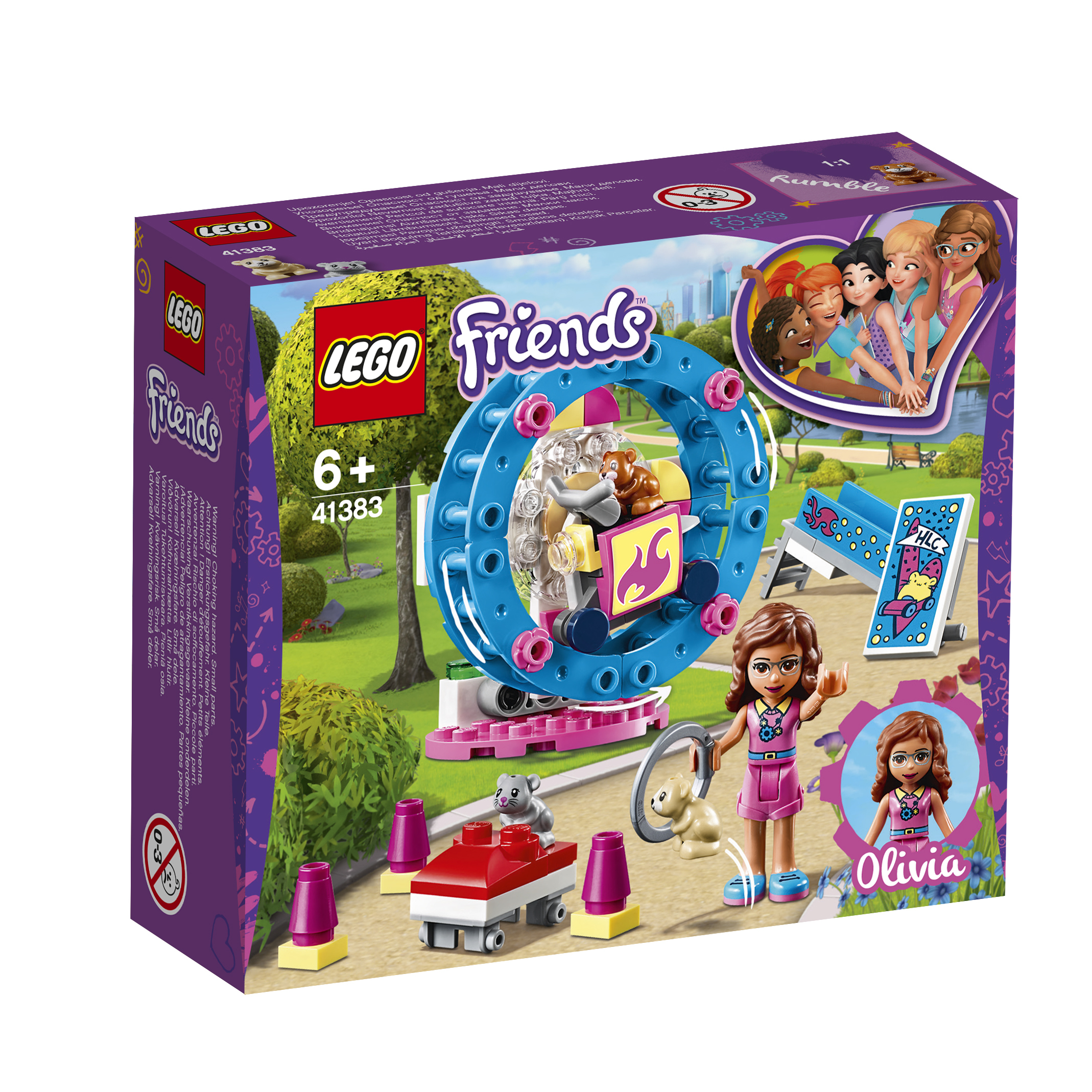 Set LEGO Friends, con Olivia. Include una giostra, un carrello e una figura di Olivia che tiene un cucciolo.