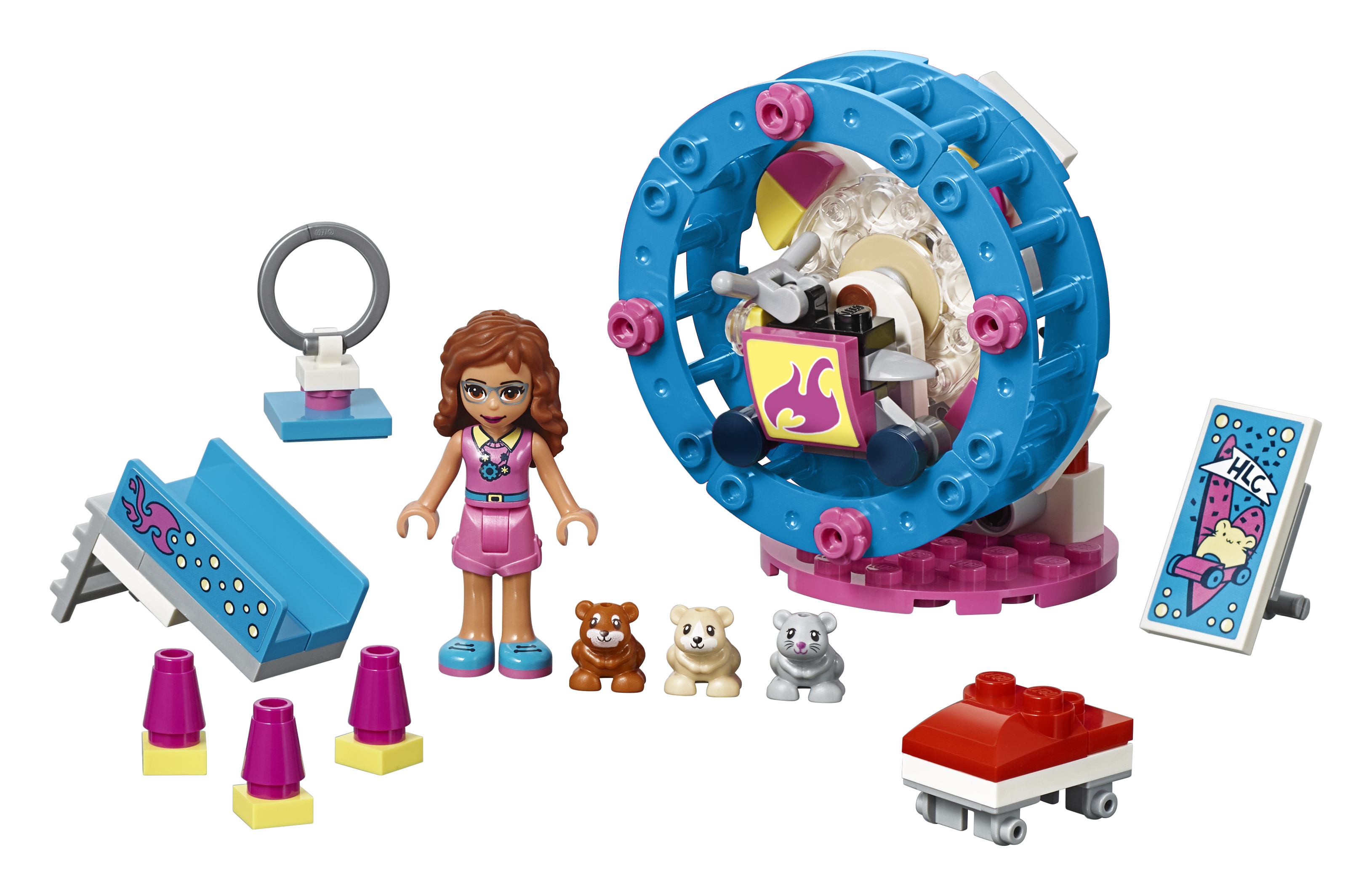 Set Lego Friends con una ruota panoramica, personaggi e orsacchiotti. Presenta un design colorato.