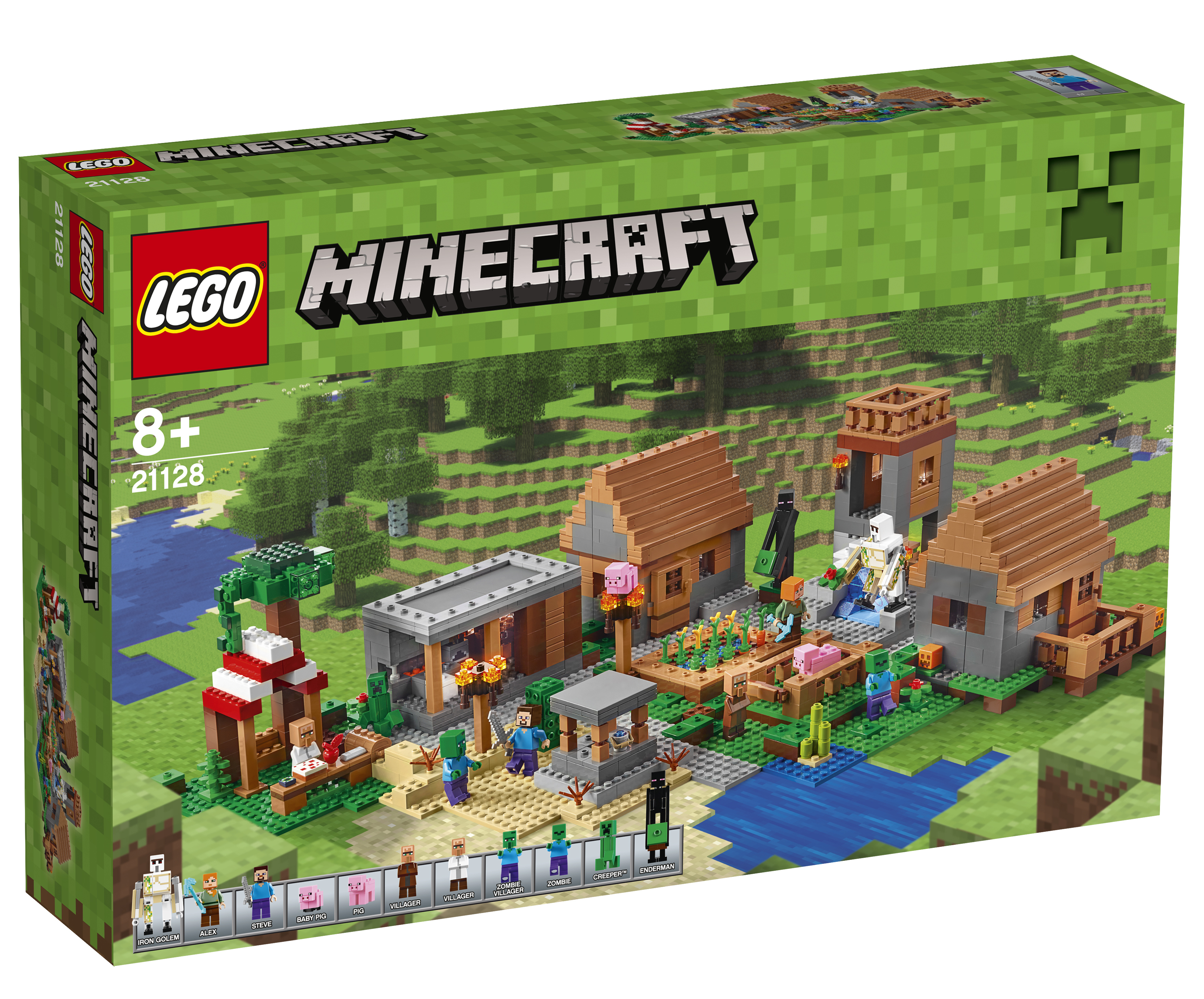 Zestaw LEGO Minecraft ze sceną wioski, w tym postacie i budynki, na zielonym krajobrazie.