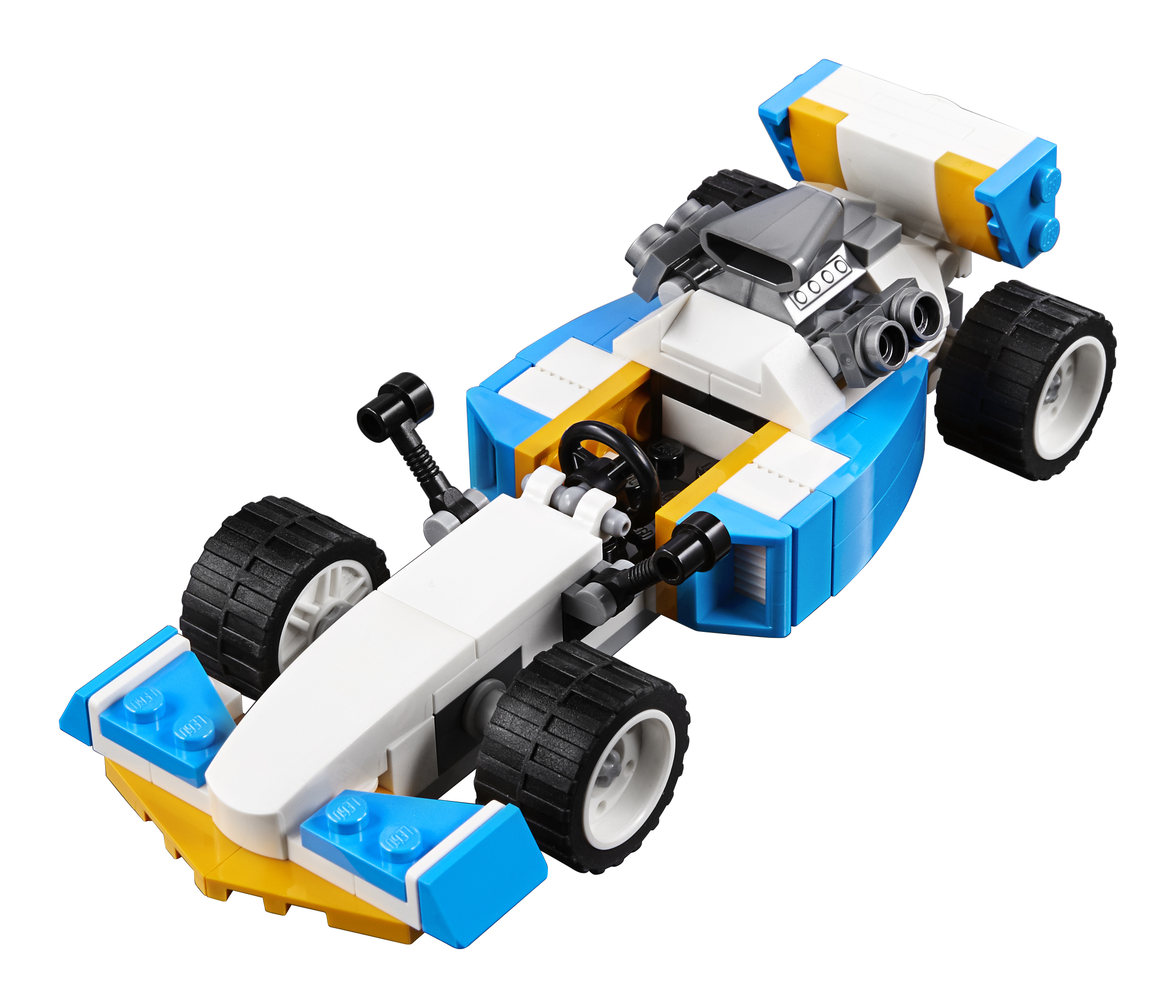 Se muestra un coche de carreras Lego azul, blanco y amarillo con ruedas negras.