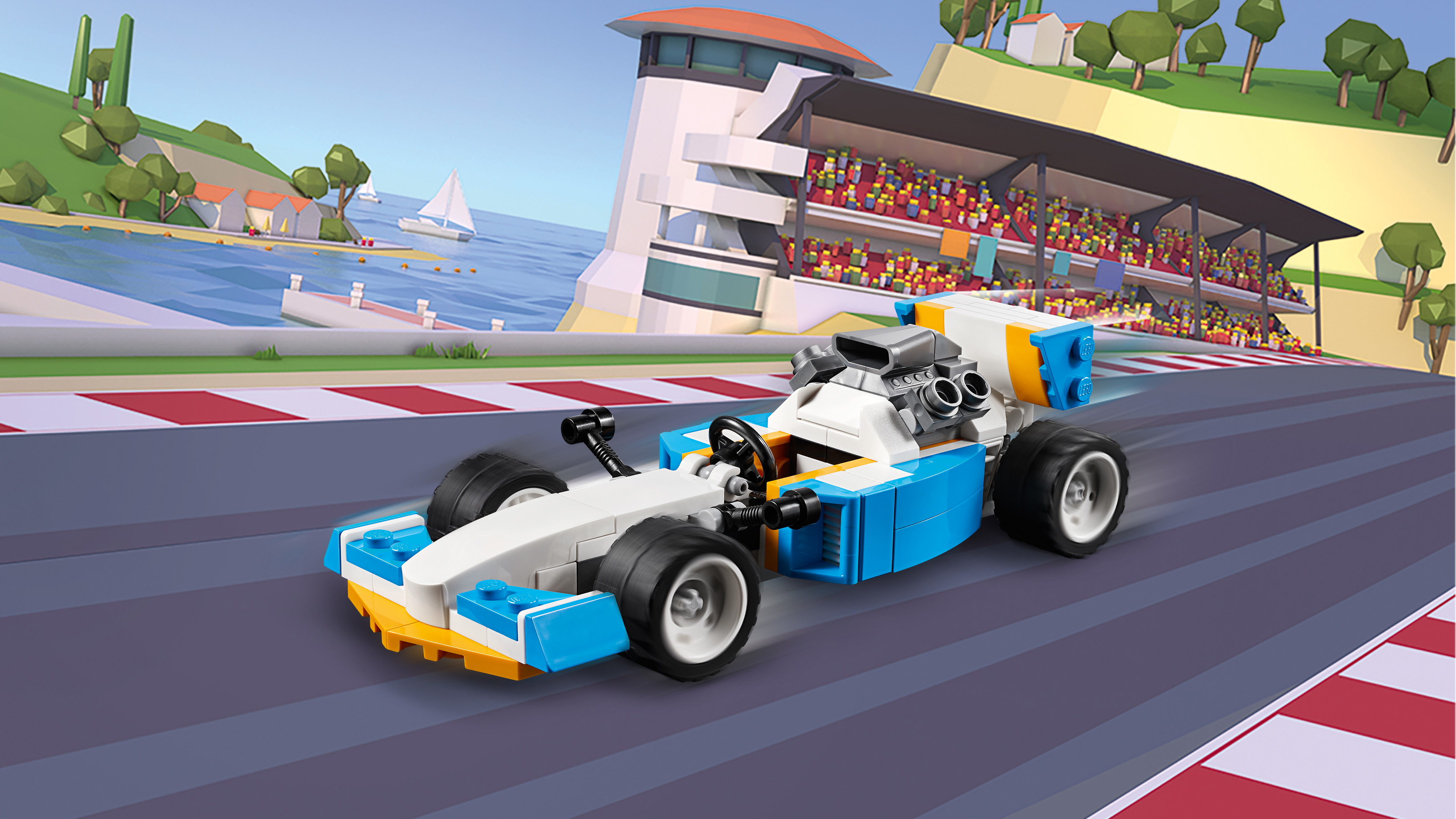 Coche de carreras Lego Speed Champions. Un coche de carreras blanco y azul en una pista. Una tribuna al fondo.