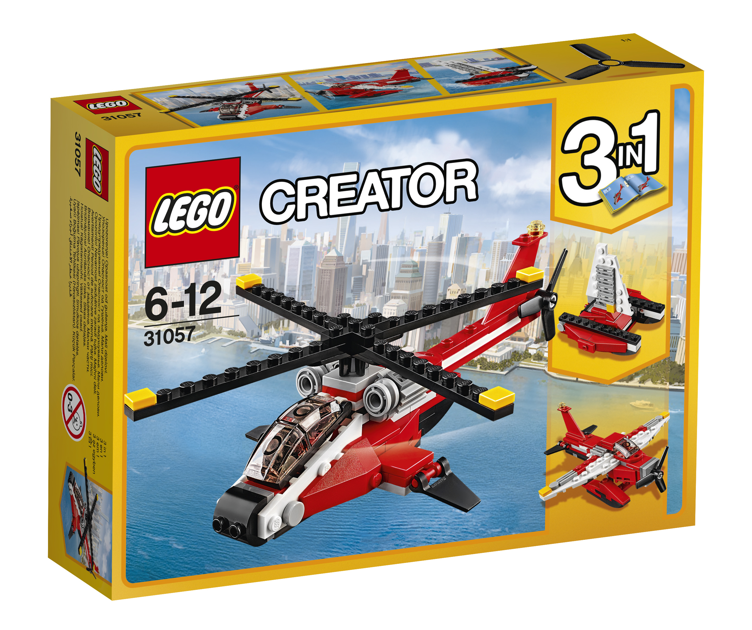 Zestaw LEGO Creator z czerwoną i białą skrzynką helikoptera z modelami 3 w 1.