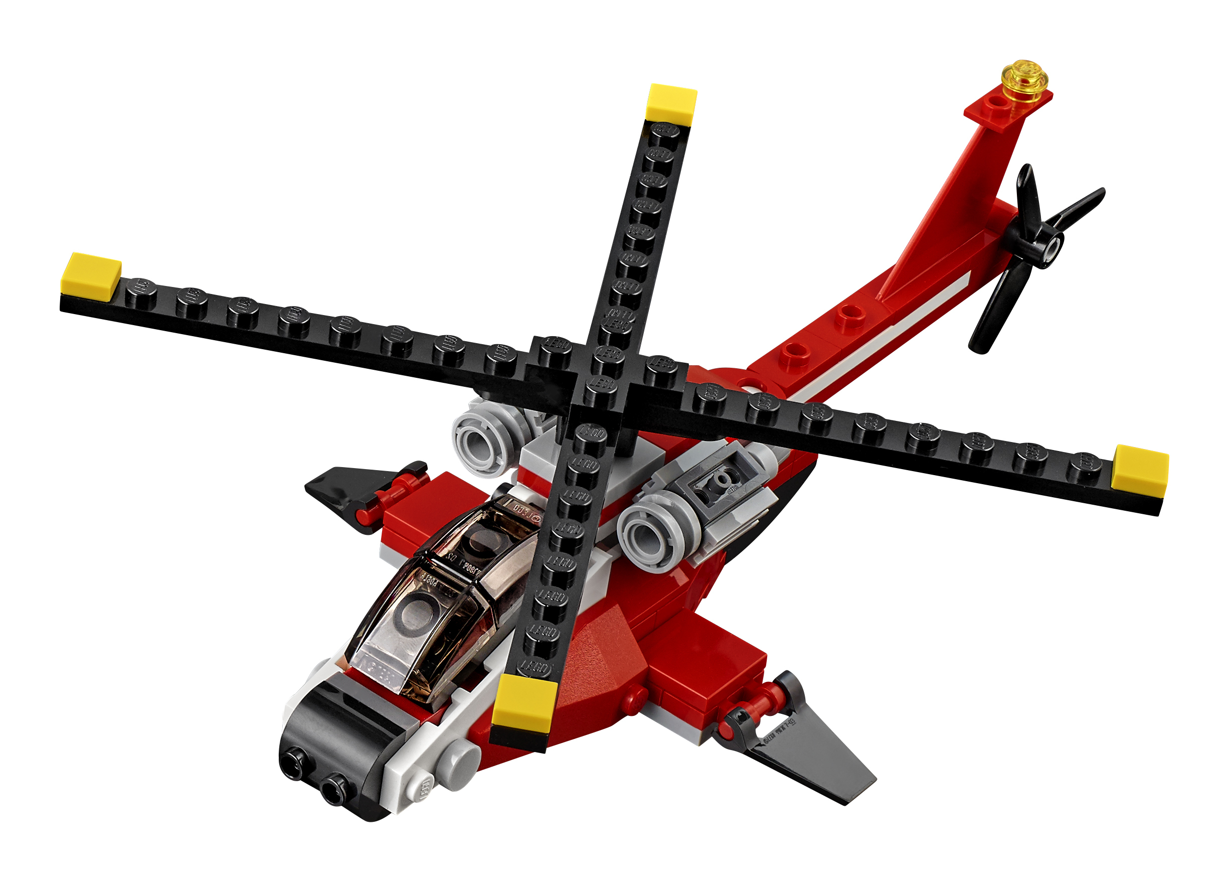 Czerwono-biały helikopter Lego z czarnymi łopatami i żółtymi akcentami na białym tle.