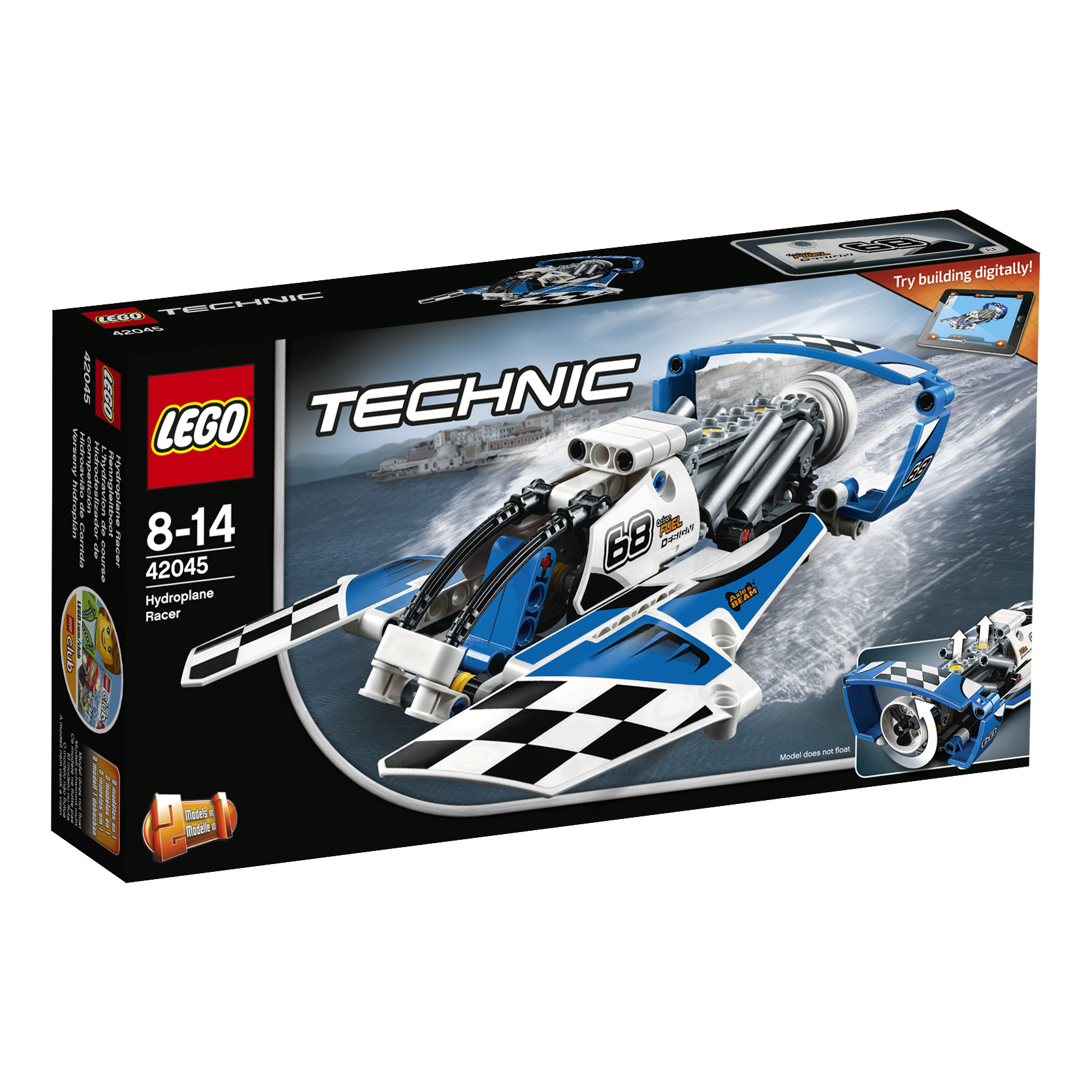 Lego Technic-setbox met een blauw-witte hydroplane racer.