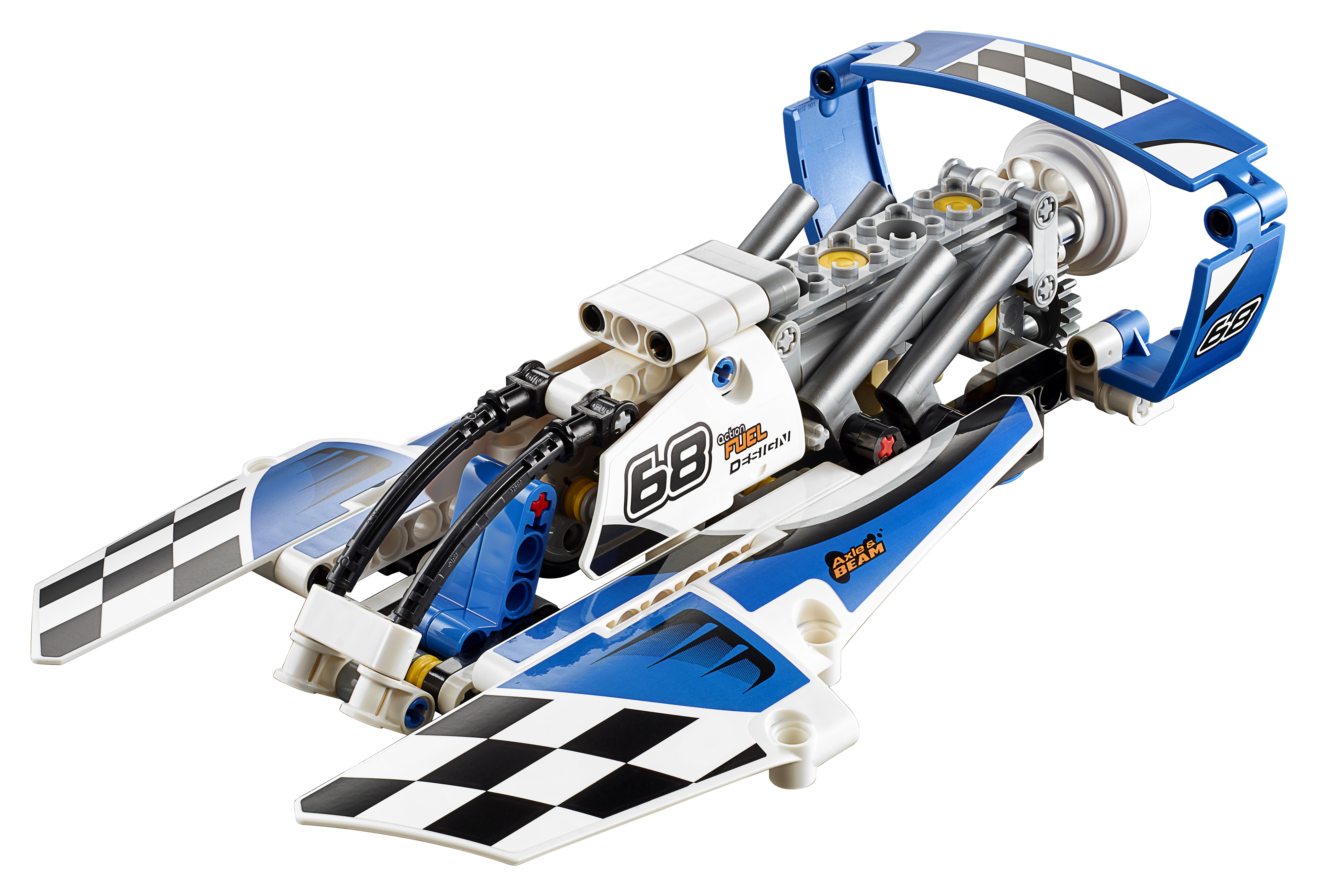 Lego Technic raceauto met blauwe en witte accenten en geblokte vlaggen.