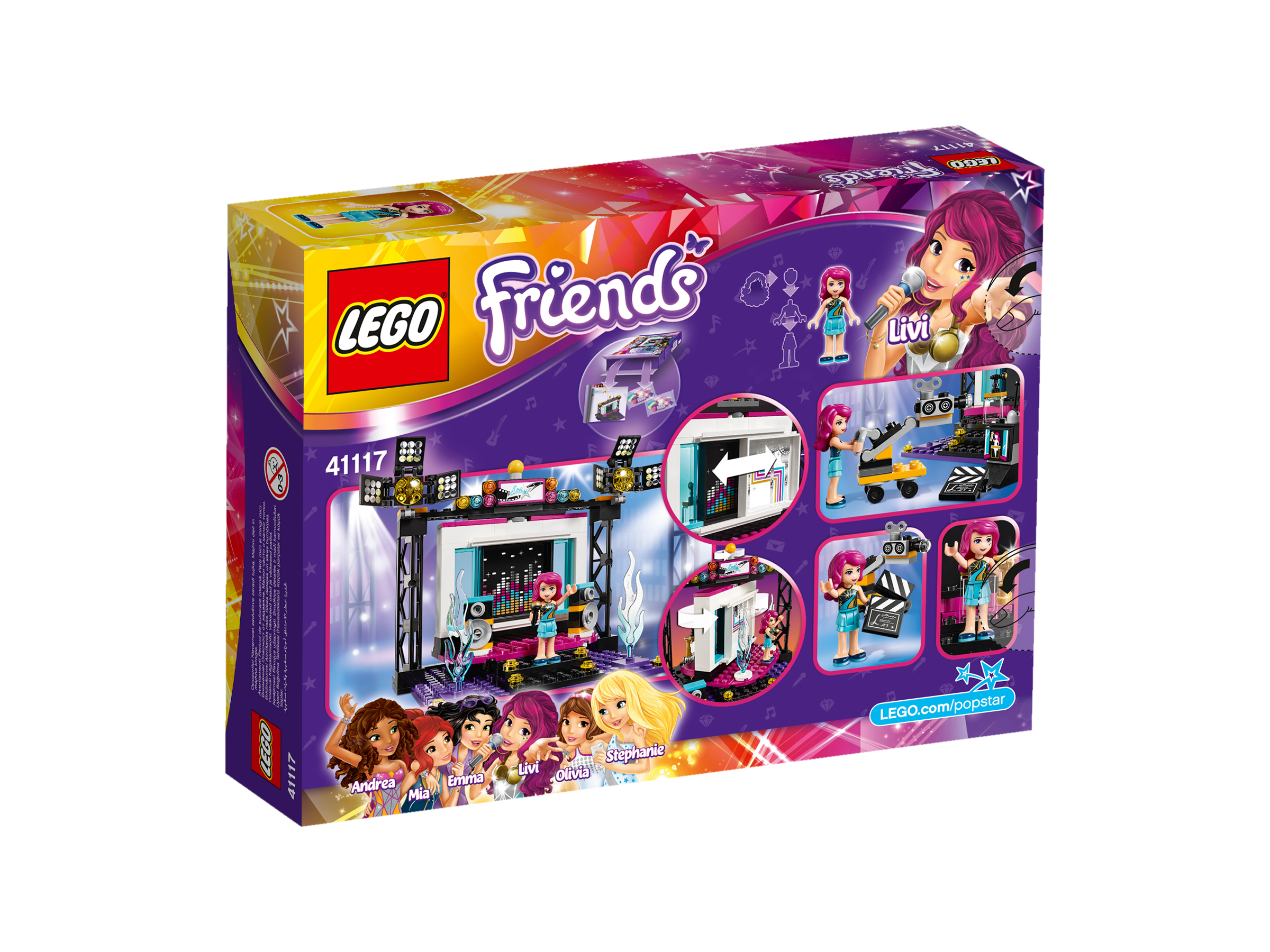 Pudełko Lego Friends. Zawiera scenę z postaciami i logo Lego Friends. Tył pudełka.