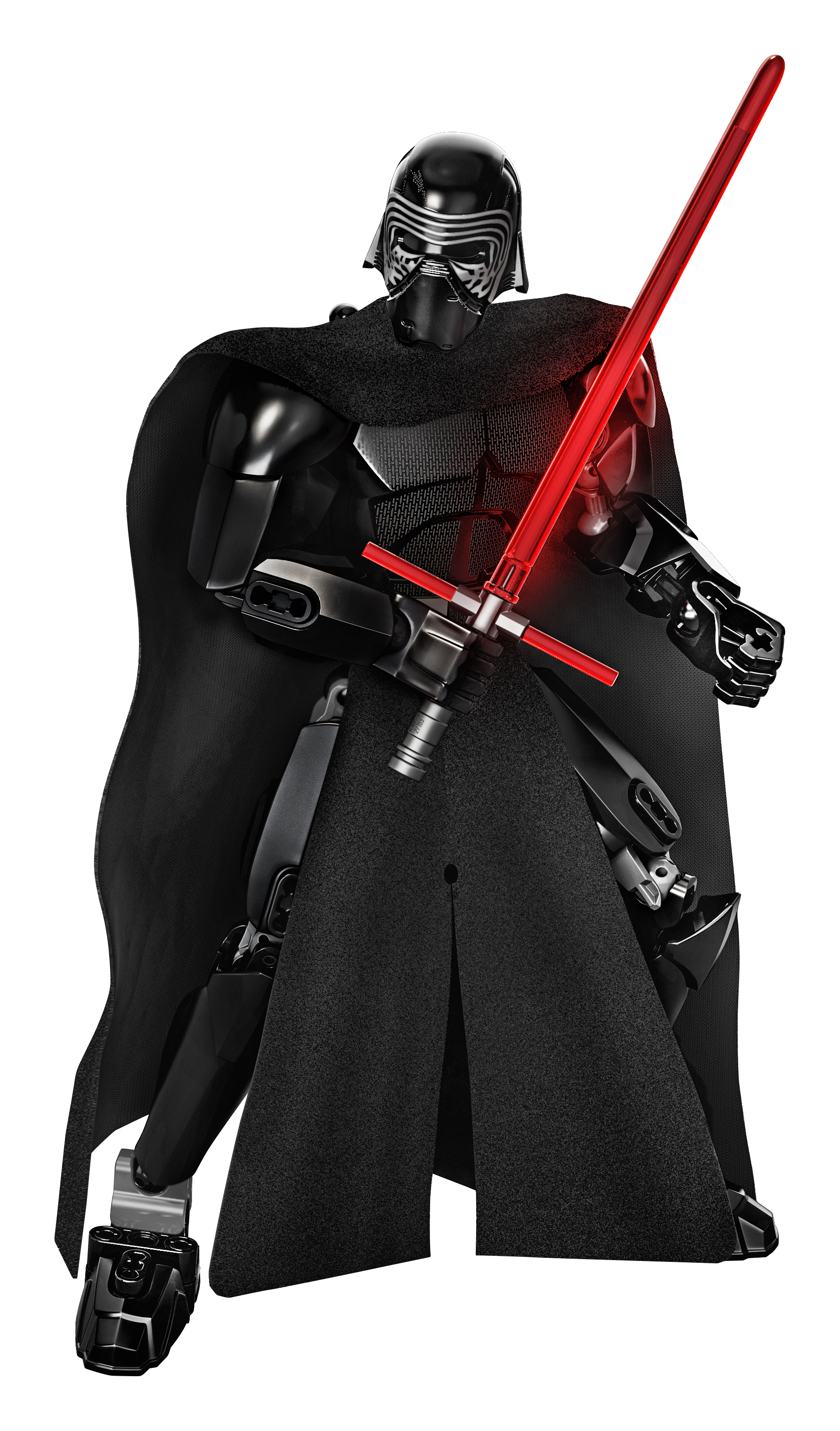 Figura Lego Kylo Ren in nero, con una spada laser rossa. Indossa un mantello e un elmo neri.