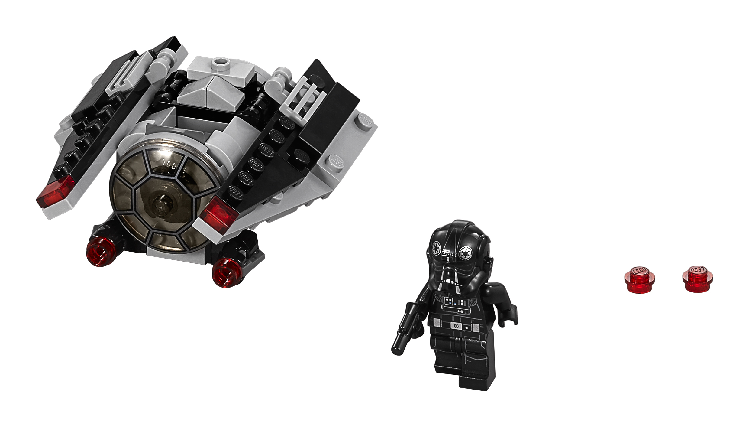 Caccia TIE Lego Star Wars con minifigure di pilota e due borchie rosse su sfondo bianco.