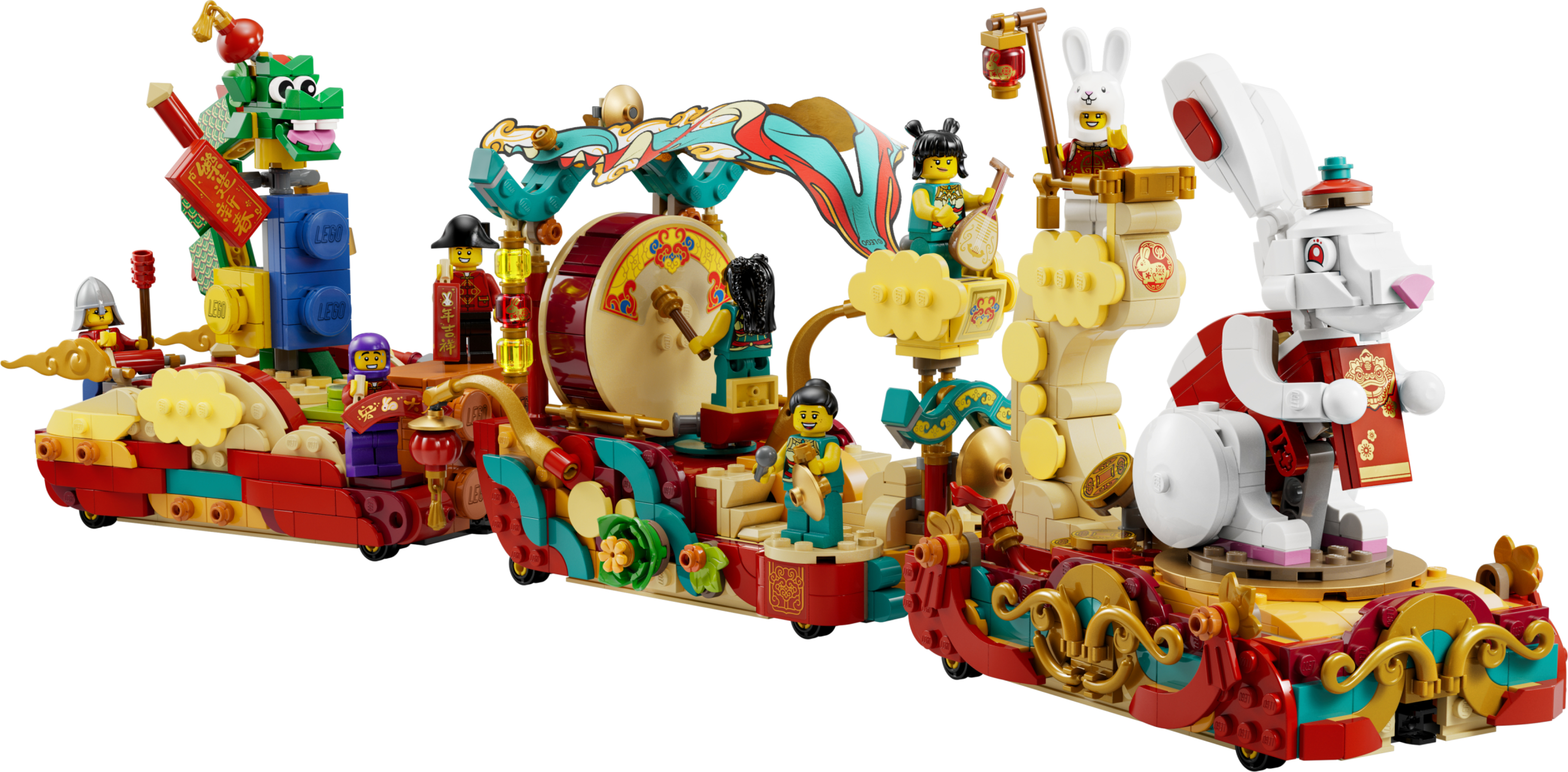 Set Lego con drago, personaggi e un grande coniglio su un carro rosso e oro. Scena festosa.