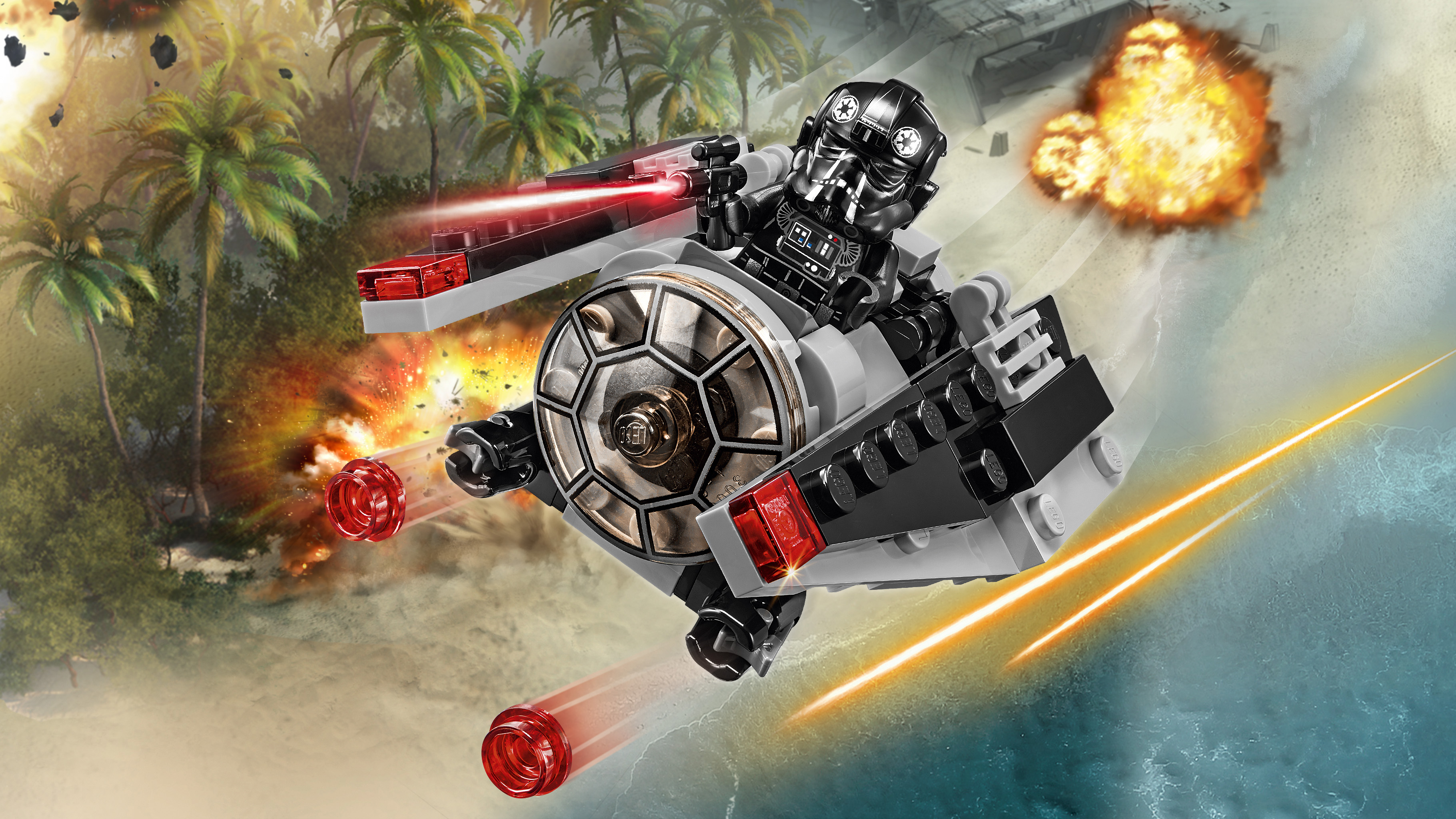 Set Lego Star Wars con un caccia TIE in volo, esplosioni e uno sfondo tropicale.