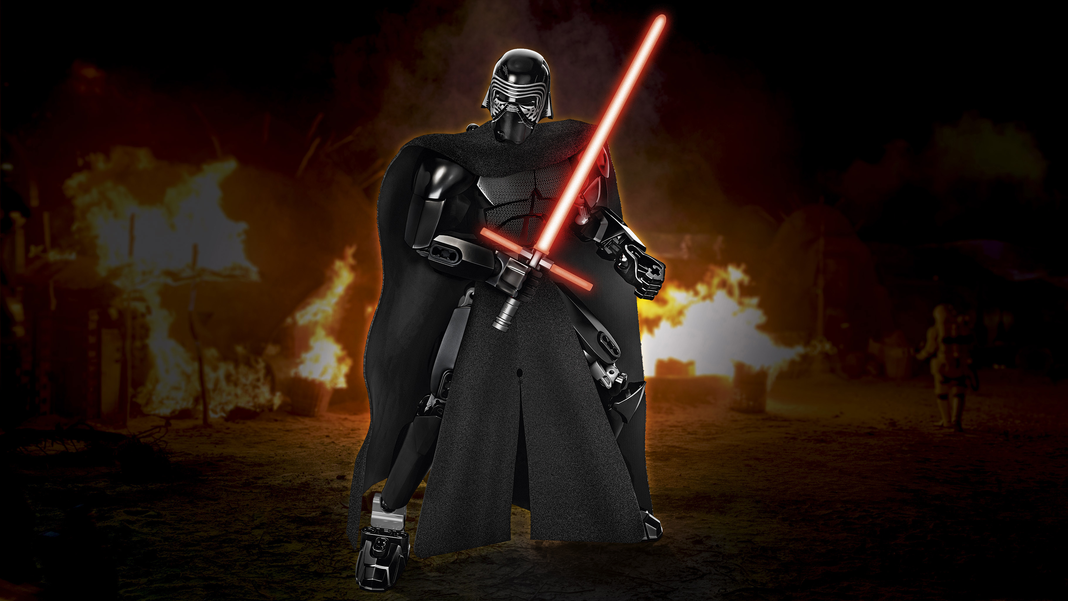 Personaggio LEGO Star Wars Kylo Ren con una spada laser rossa, in piedi su uno sfondo infuocato.