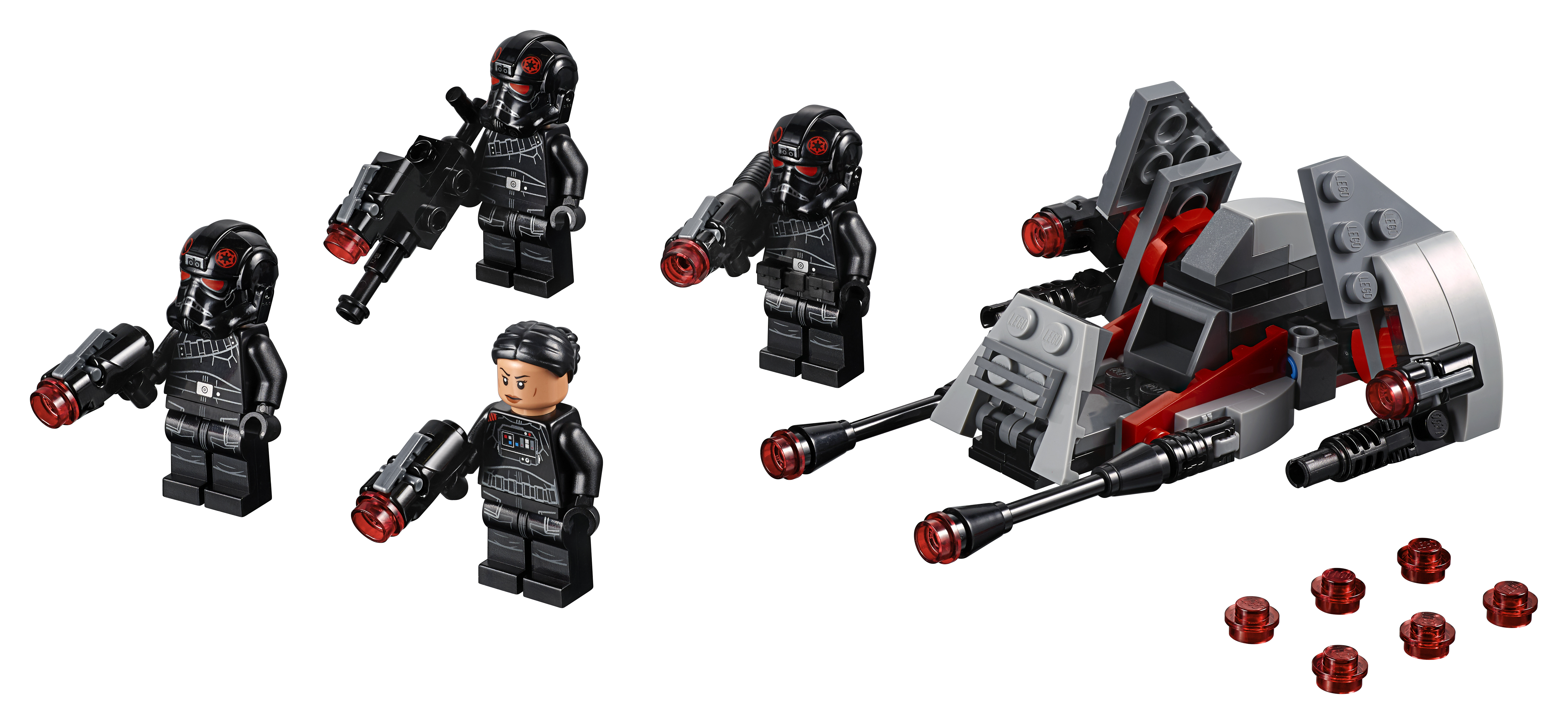 Set Lego Star Wars con personaggi neri, pistole e una nave rossa e grigia con effetti laser.