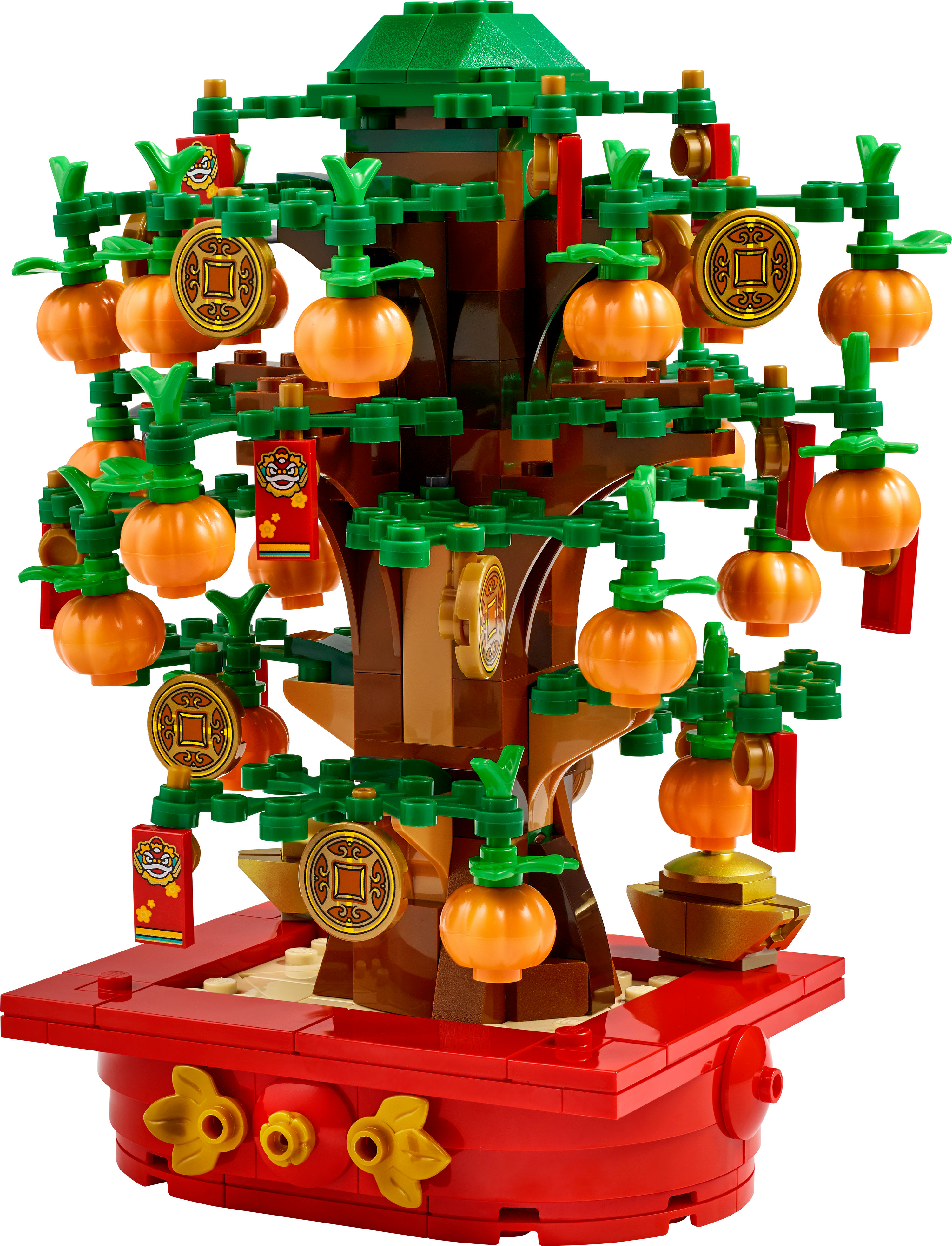 Lego Çin Yeni Yılı setinde bir para ağacı. Ağacın turuncu süslemeleri ve kırmızı bir tabanı var.