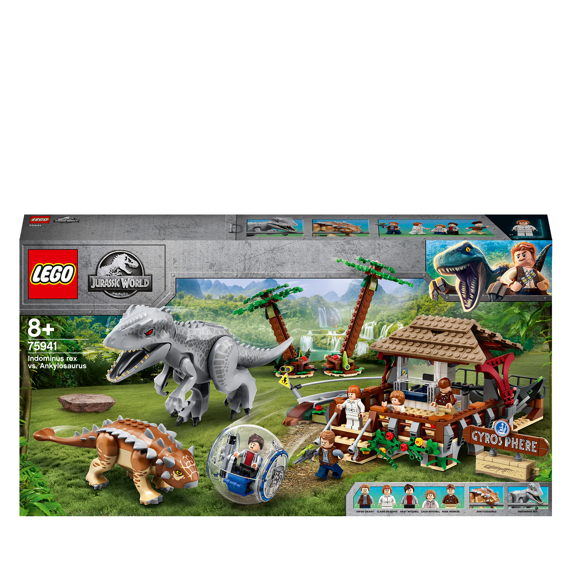 Scatola del set LEGO Jurassic World con dinosauri e personaggi. Rappresenta una scena con un edificio e alberi.