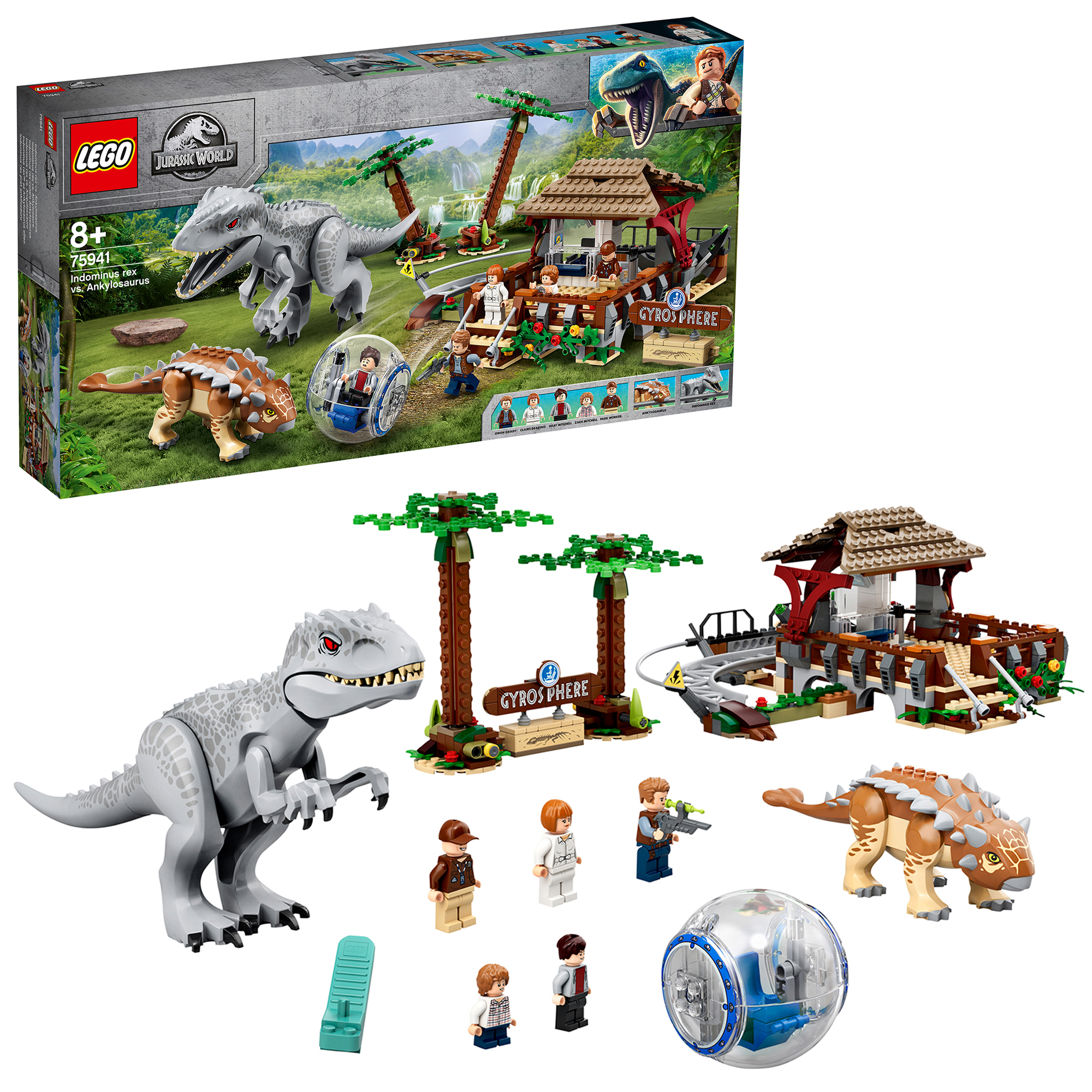 Un set LEGO Jurassic World. Lo sfondo è una foresta con dinosauri e strutture.