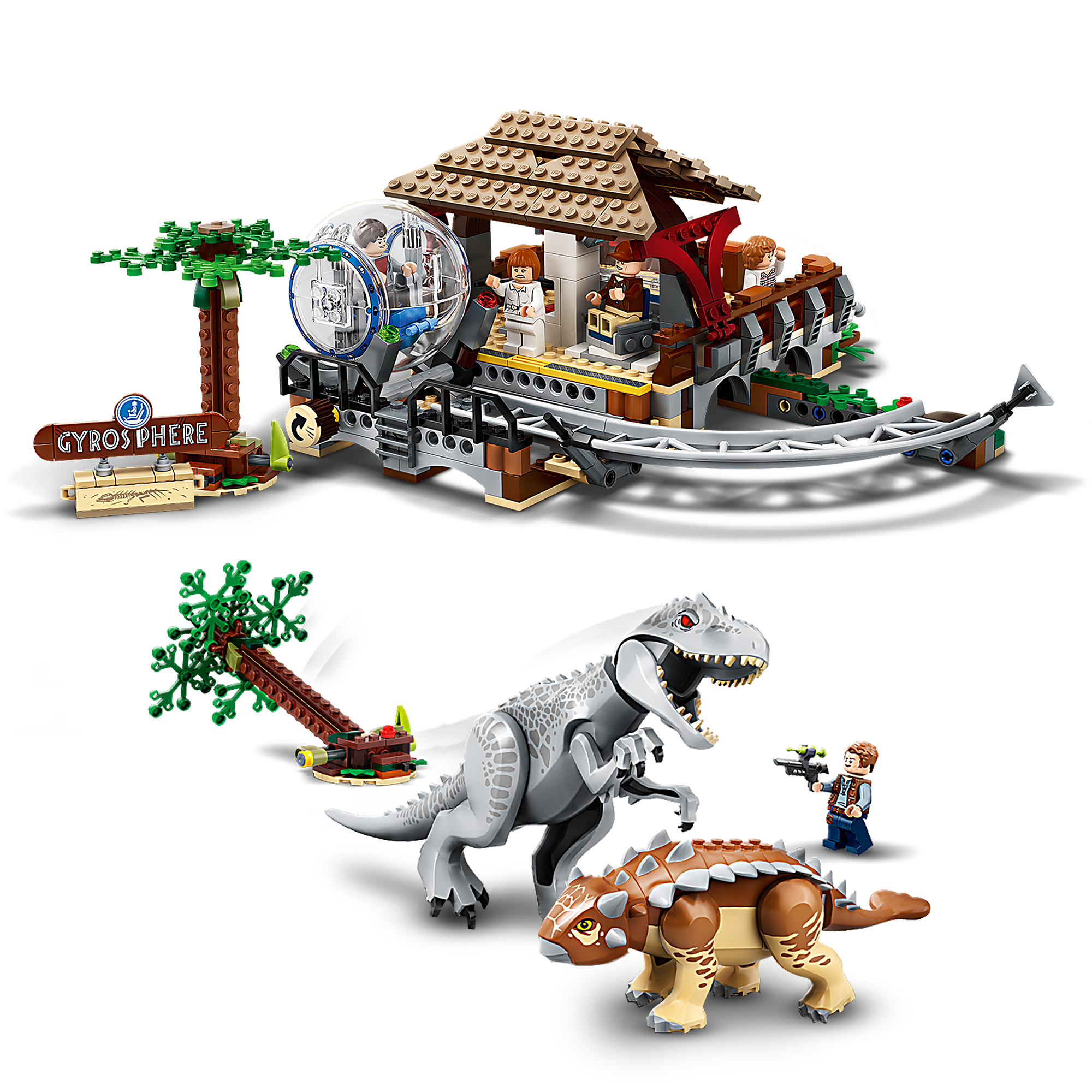 Set Lego Jurassic World con dinosauri, una girosfera e un edificio con personaggi.