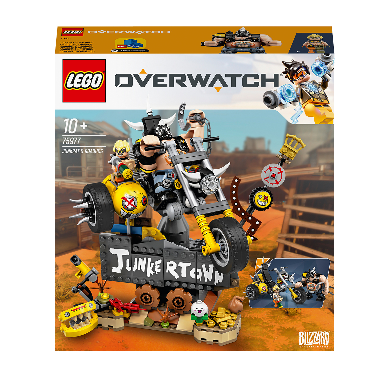Zestaw Lego Overwatch: Junkrat i Roadhog na motocyklu w scenerii pustynnej.
