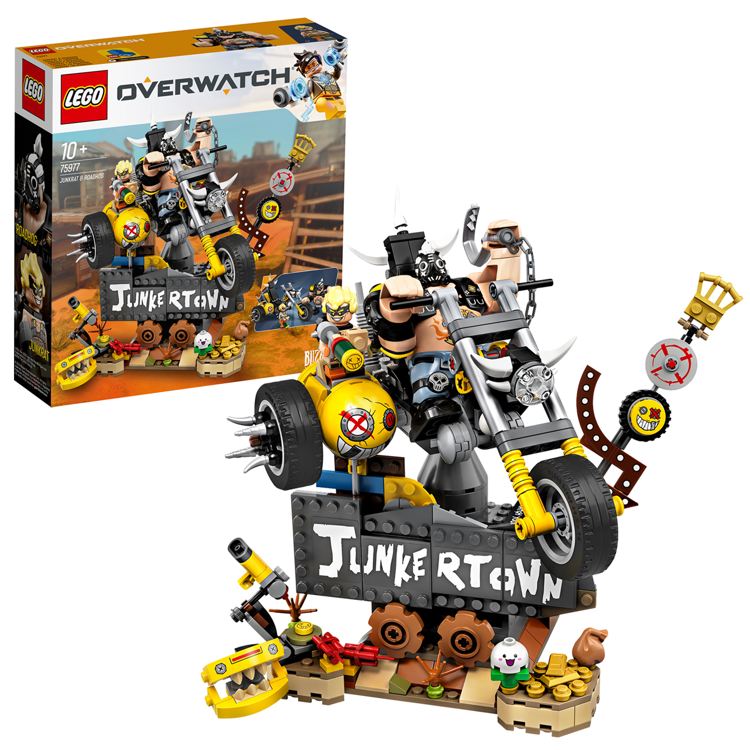 Zestaw Lego Overwatch z motocyklem, figurkami i znakiem JUNKERTOWN na pudełku.
