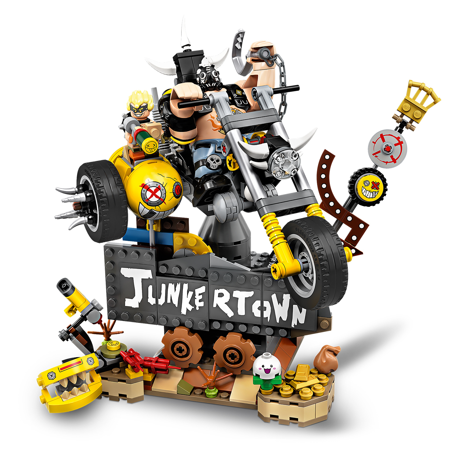 Zestaw LEGO Junkertown z dużym pojazdem i figurkami. Tło jest białe.