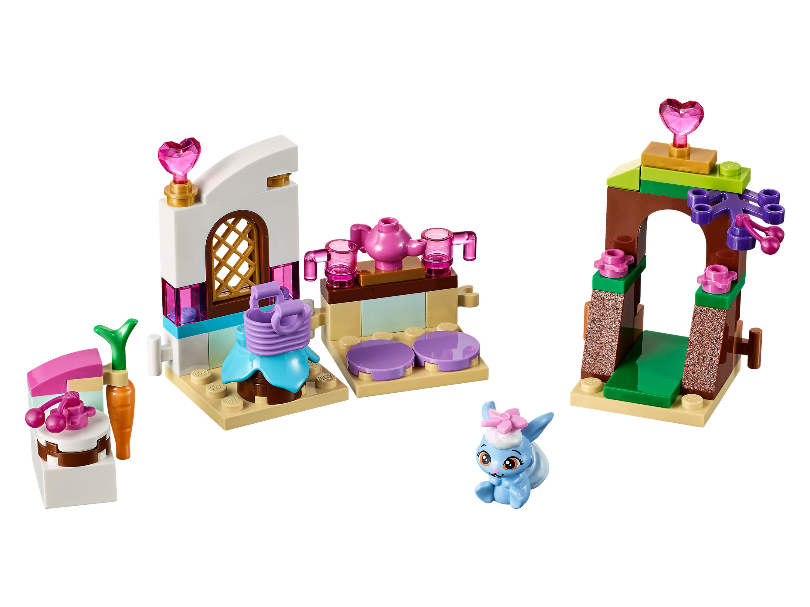 Zestaw LEGO Friends z otoczeniem przyjęcia herbacianego i figurkami królików.