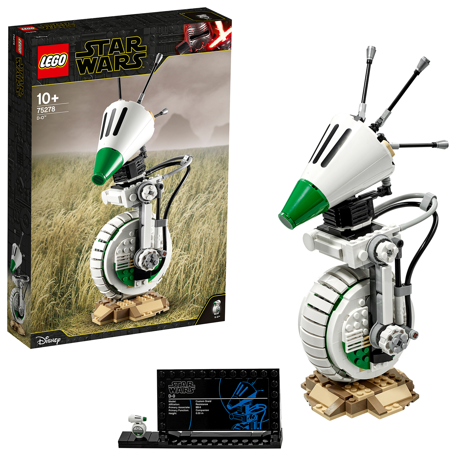 Zestaw Lego Star Wars z białym i zielonym robotem na małej podstawce.