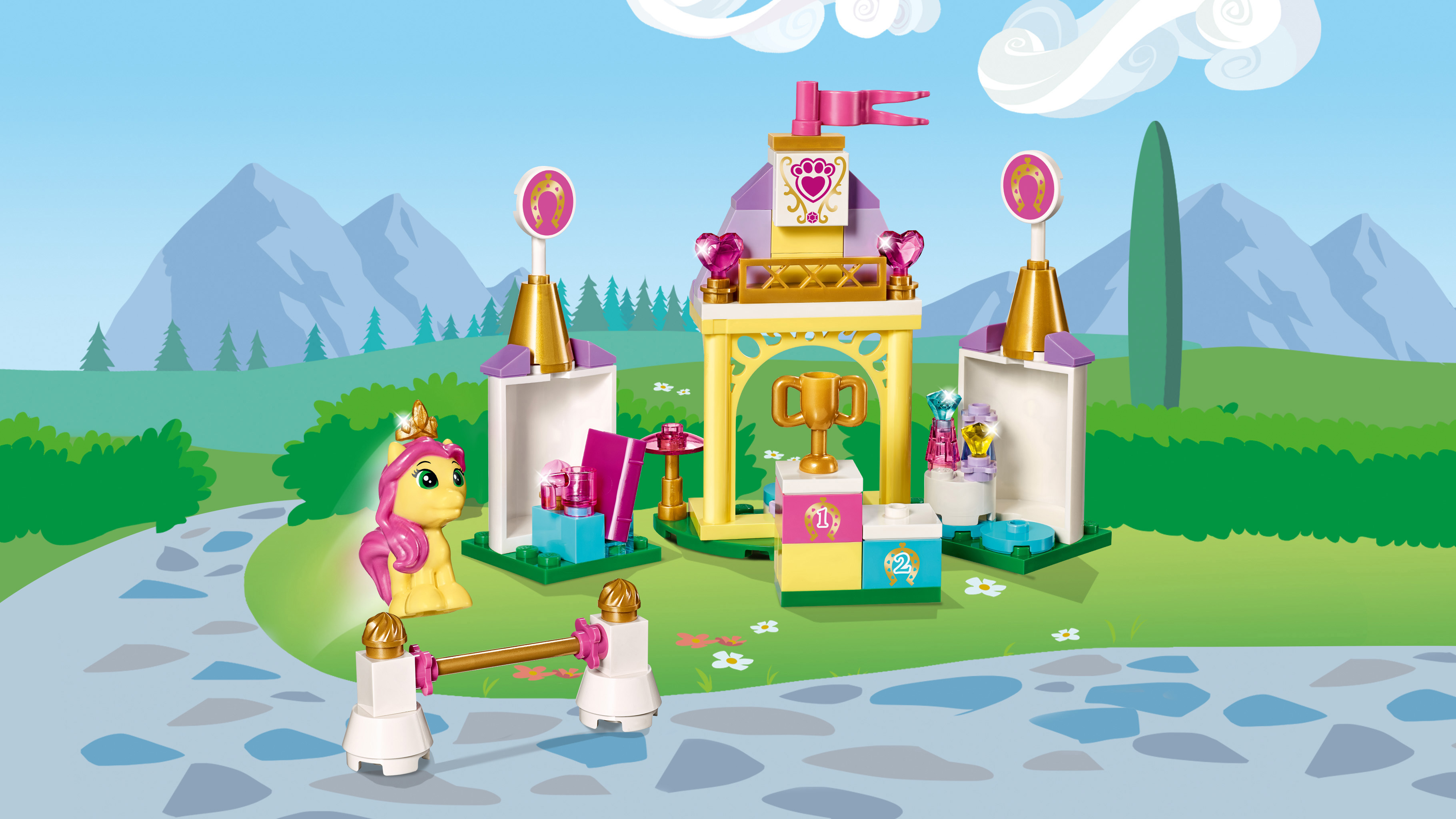 Set LEGO Friends con un pony, un trofeo e un podio in un ambiente simile a un parco.