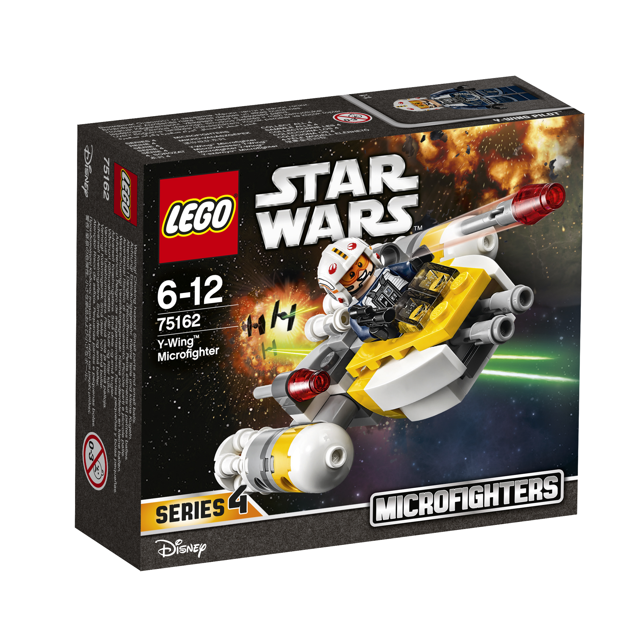 Scatola Lego Star Wars, set Y-Wing Microfighter. Presenta un'astronave gialla e grigia.