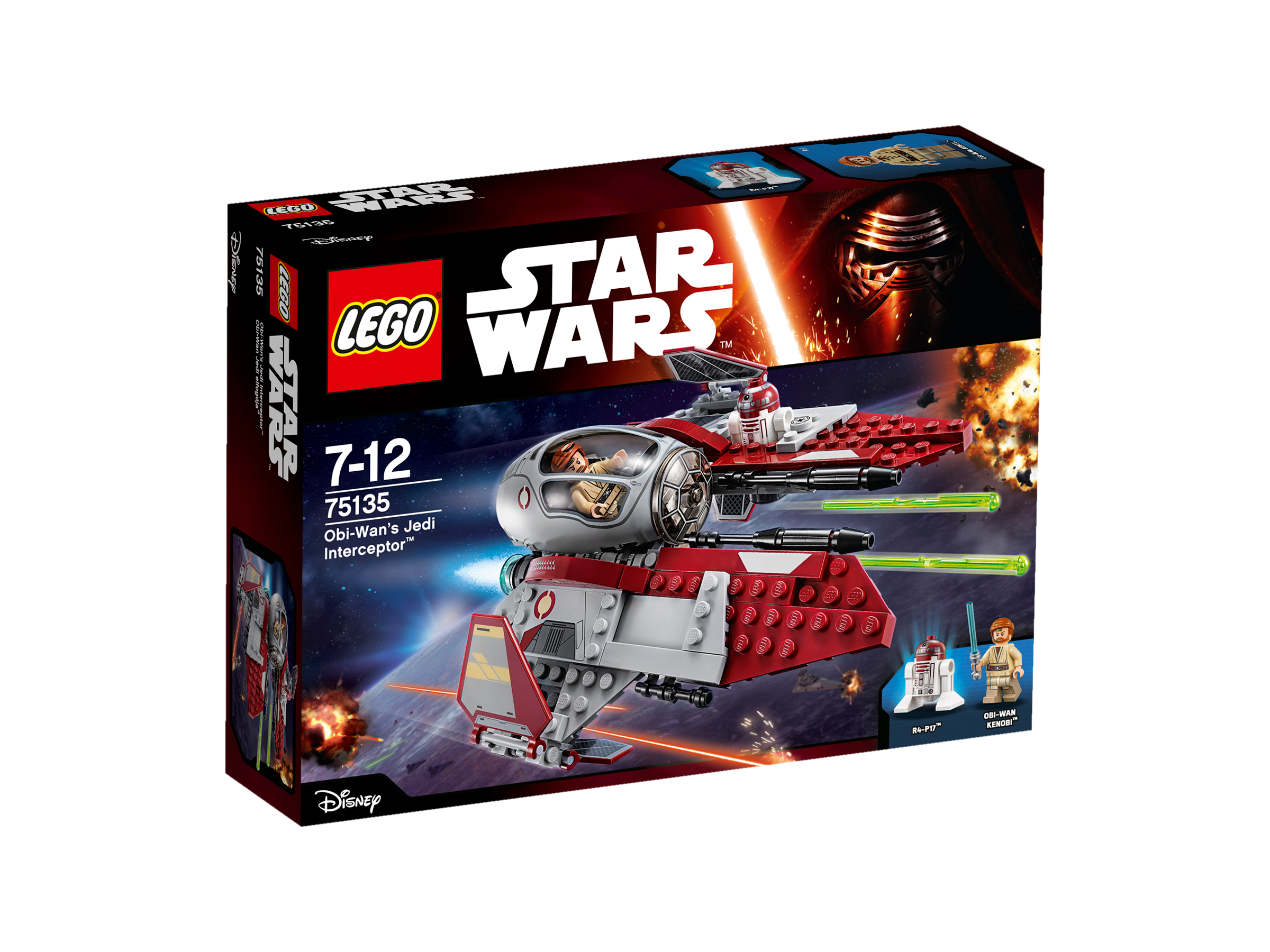 Pudełko LEGO Star Wars przedstawiające myśliwiec Jedi Obi-Wana. Czerwono-biały statek i wizerunki Kylo Rena i figurek.