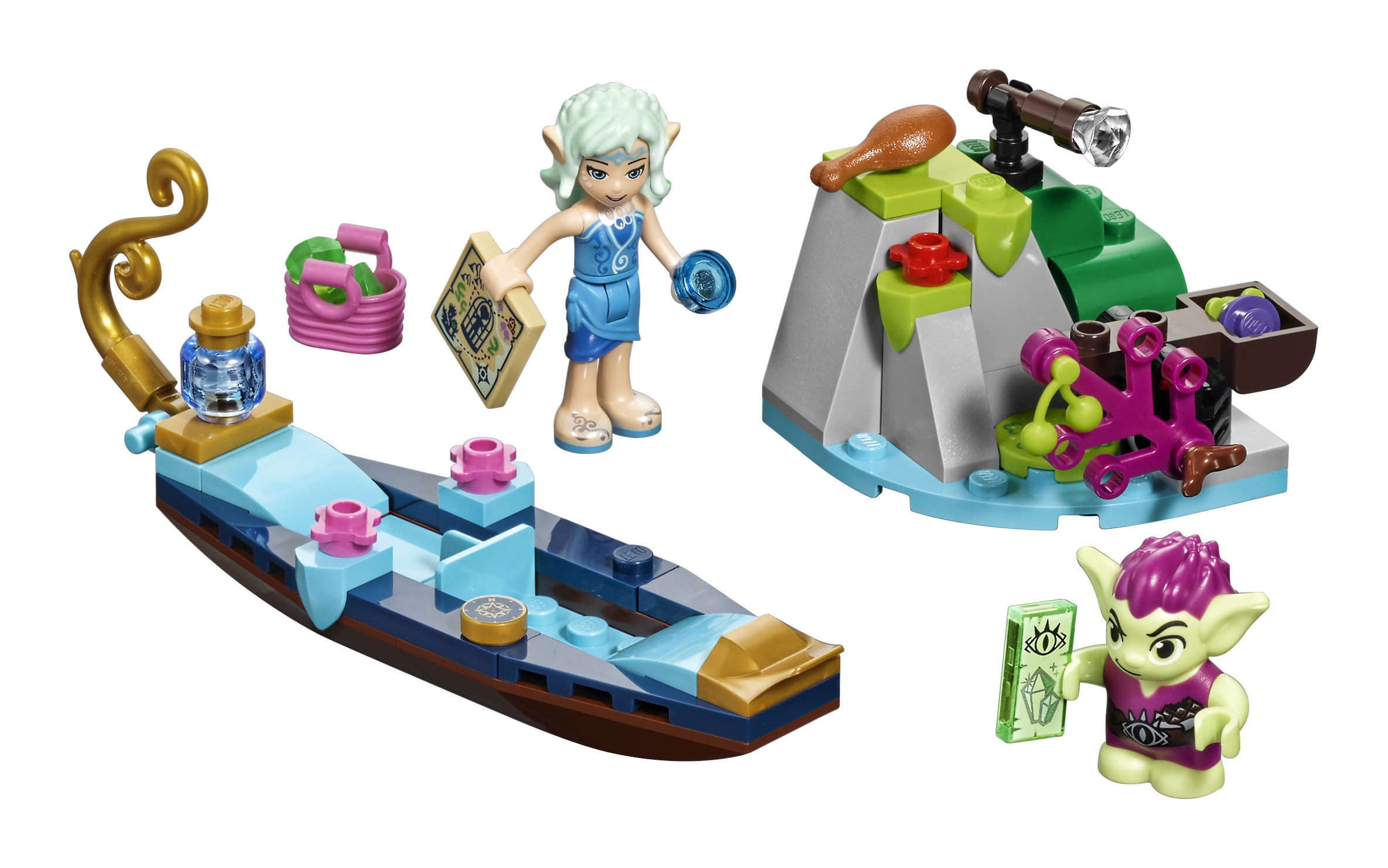 Set Lego Elves con una barca, personaggi e una scena dell'isola. Presenta elfi e un'ambientazione magica.