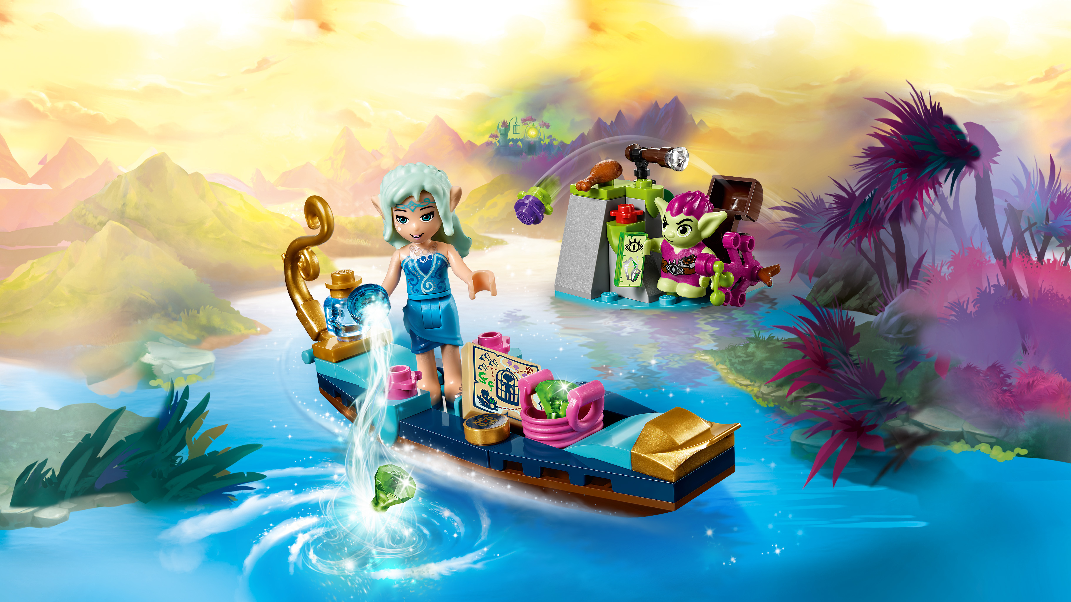 Set LEGO Elves con una barca con un elfo e una gemma verde. Sfondo colorato con montagne e alberi.