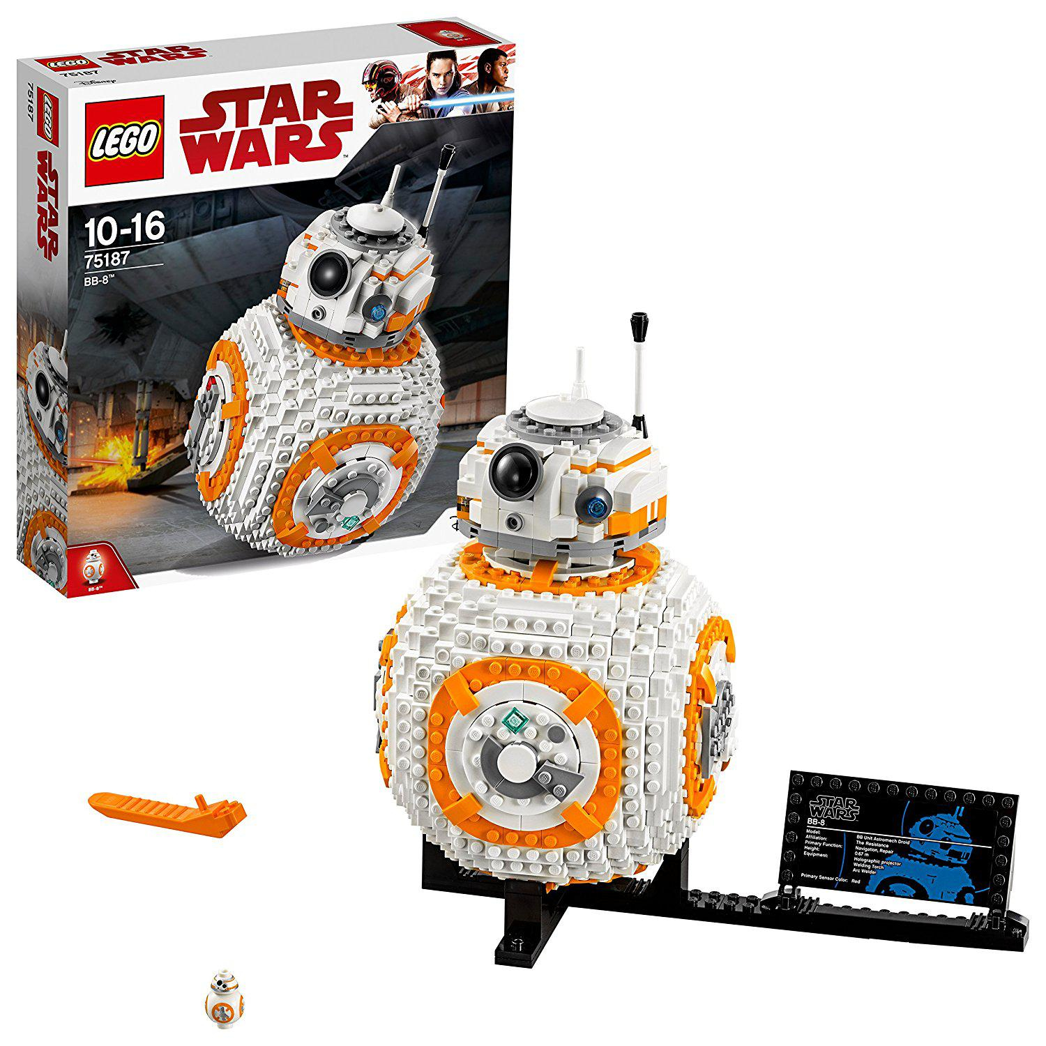 Un set Lego Star Wars BB-8. Presenta BB-8, scatola e accessori su sfondo bianco.