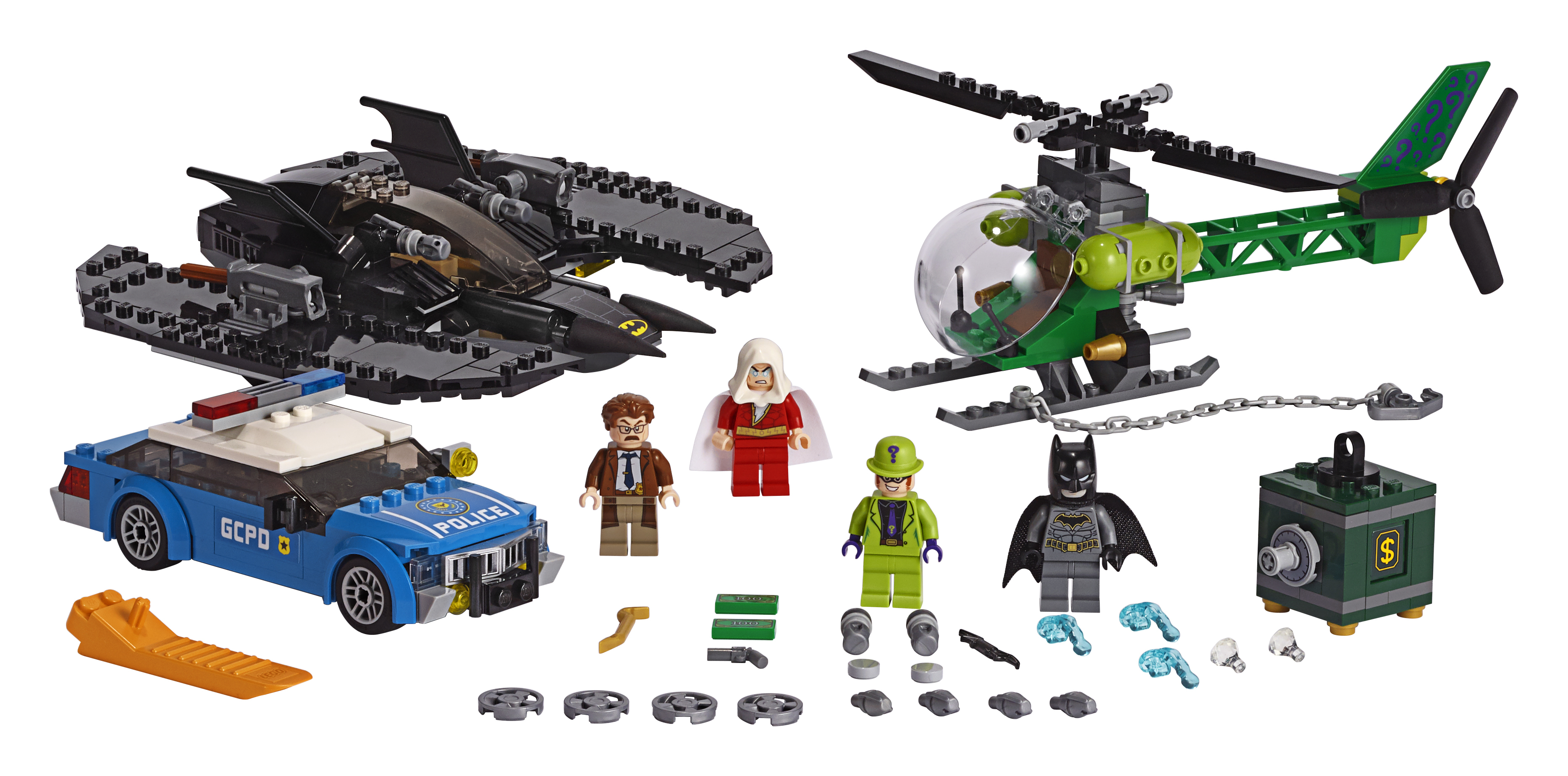 LEGO DC Comics set: Batwing, helikopter, GCPD auto en verschillende minifiguren.