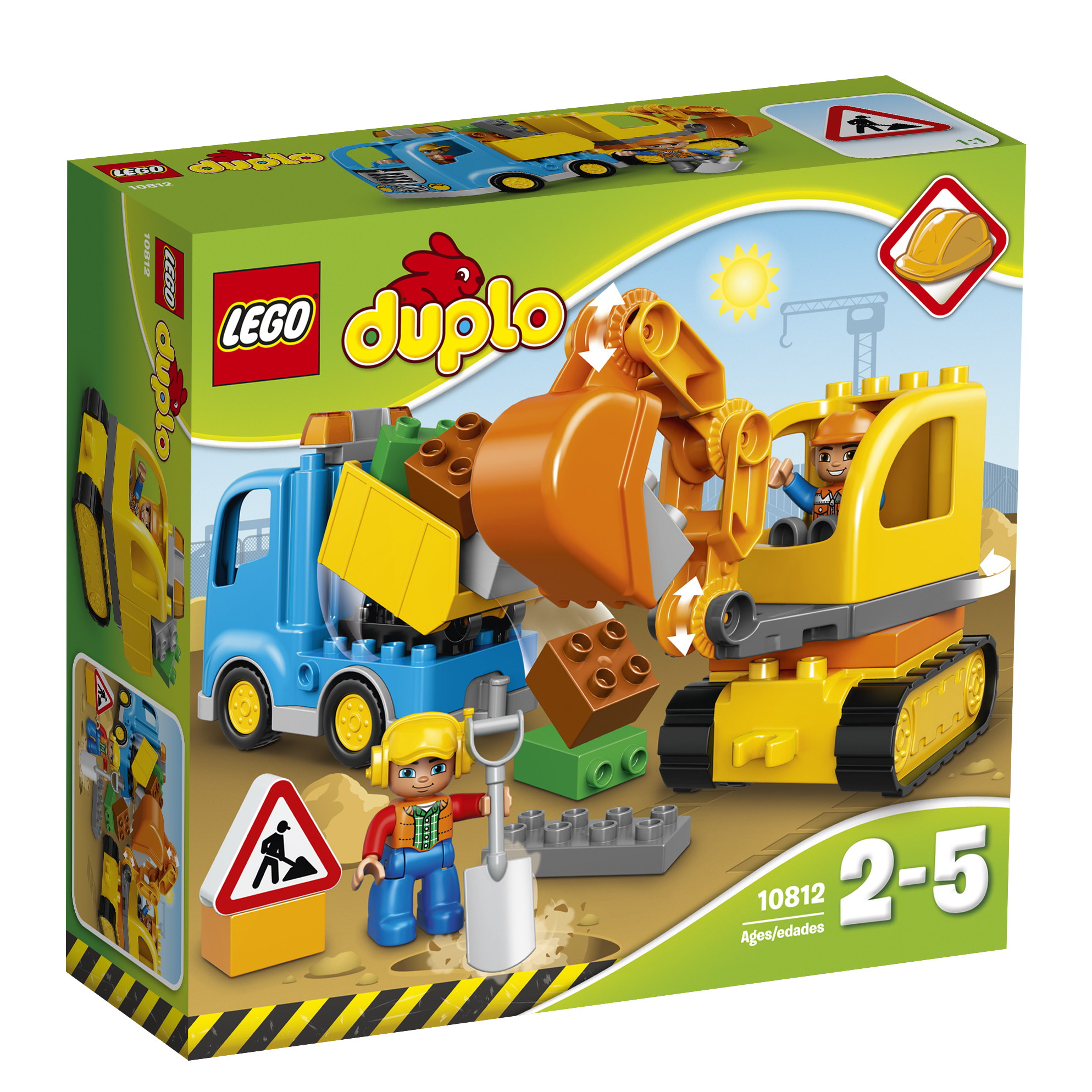 Lego Duplo şantiye seti. Kamyon, ekskavatör, figürler ve bir işaret içerir.