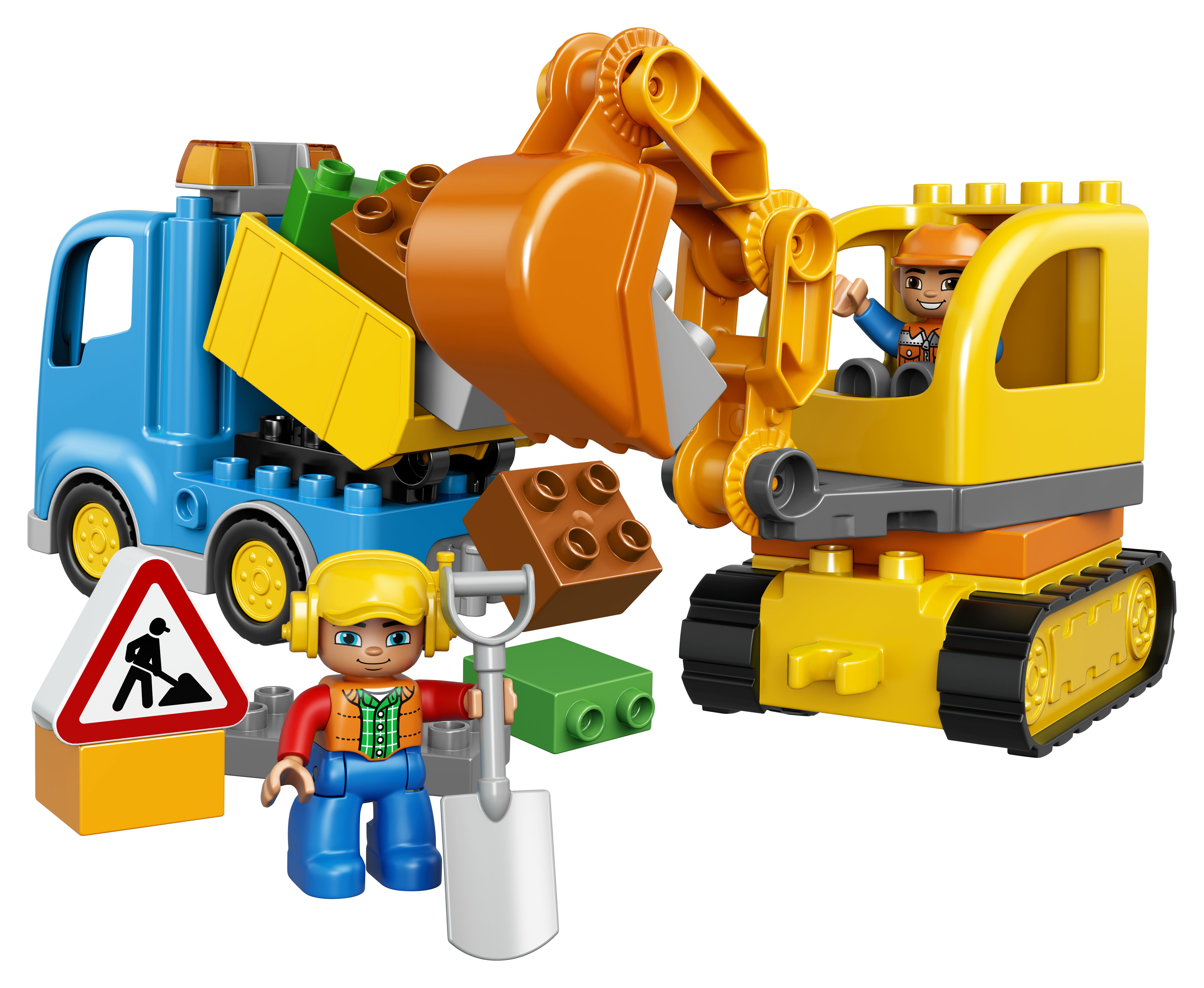 Kamyon, ekskavatör, figürler ve bir işaret ile Lego Duplo inşaat seti.