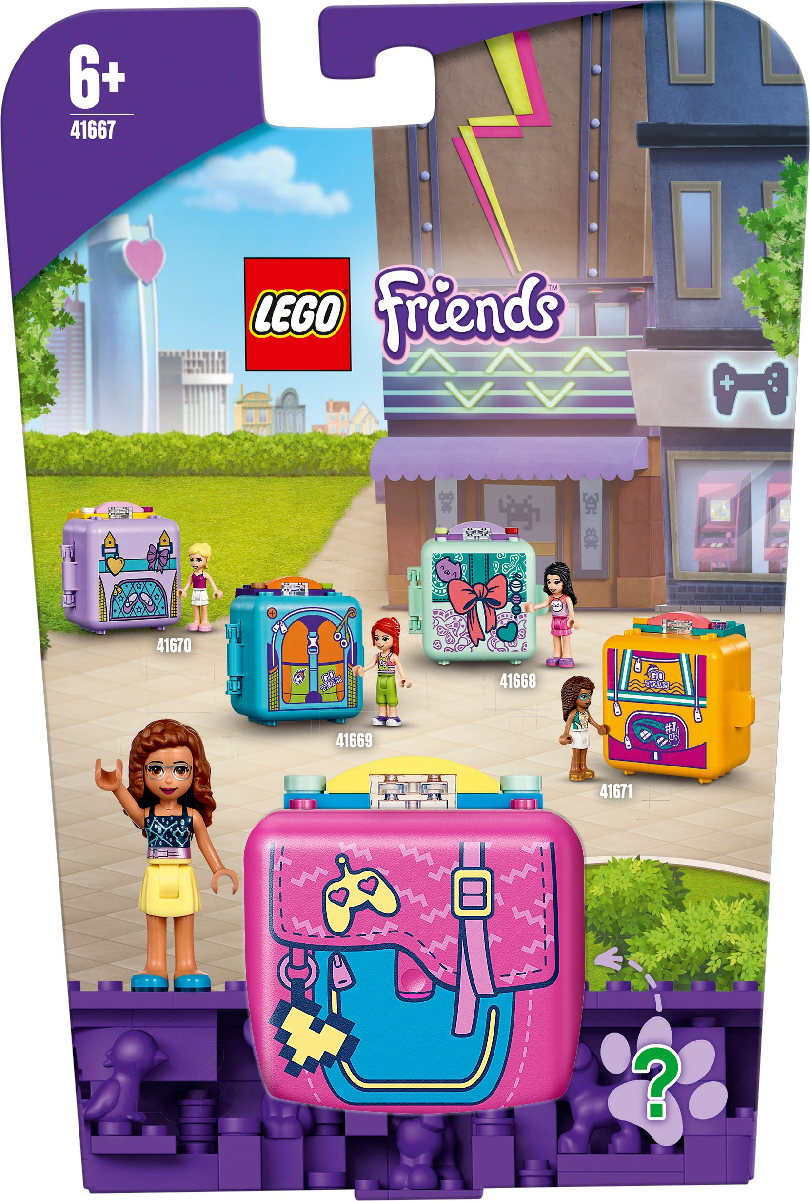 Pudełko zestawu Lego Friends. Zawiera różne zestawy w kształcie pudełek z figurkami. Jasne kolory.